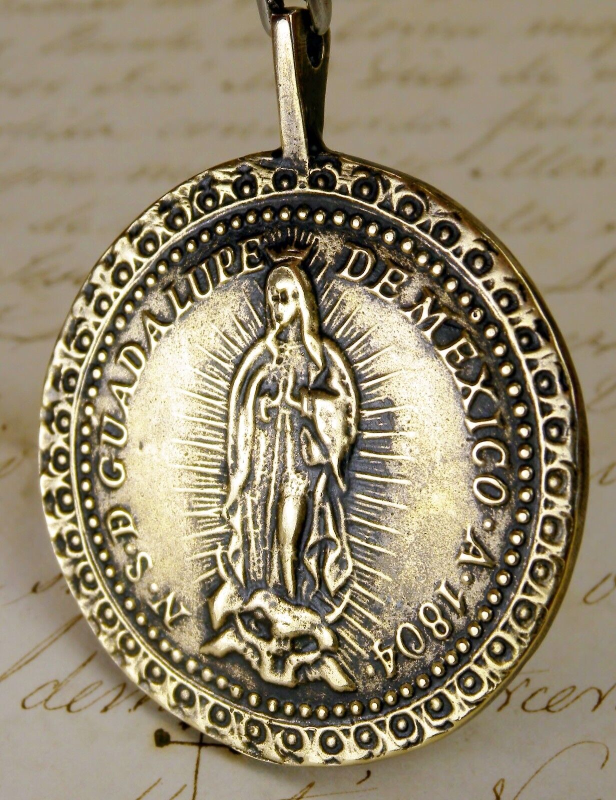 ANTIQUE DATED 1804 GUADALUPE MEXICO SHRINE PILGRIMAGE BRONZE ROSARY MEDAL