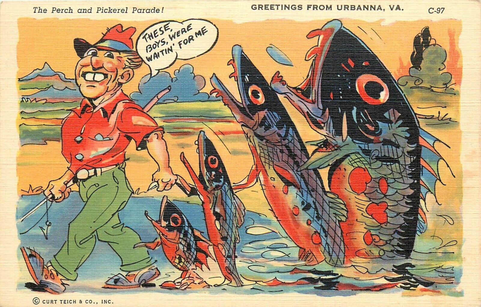 Postcard 1940s Walters fishing Exaggeration comic Urbanna Virginia  24-6828
