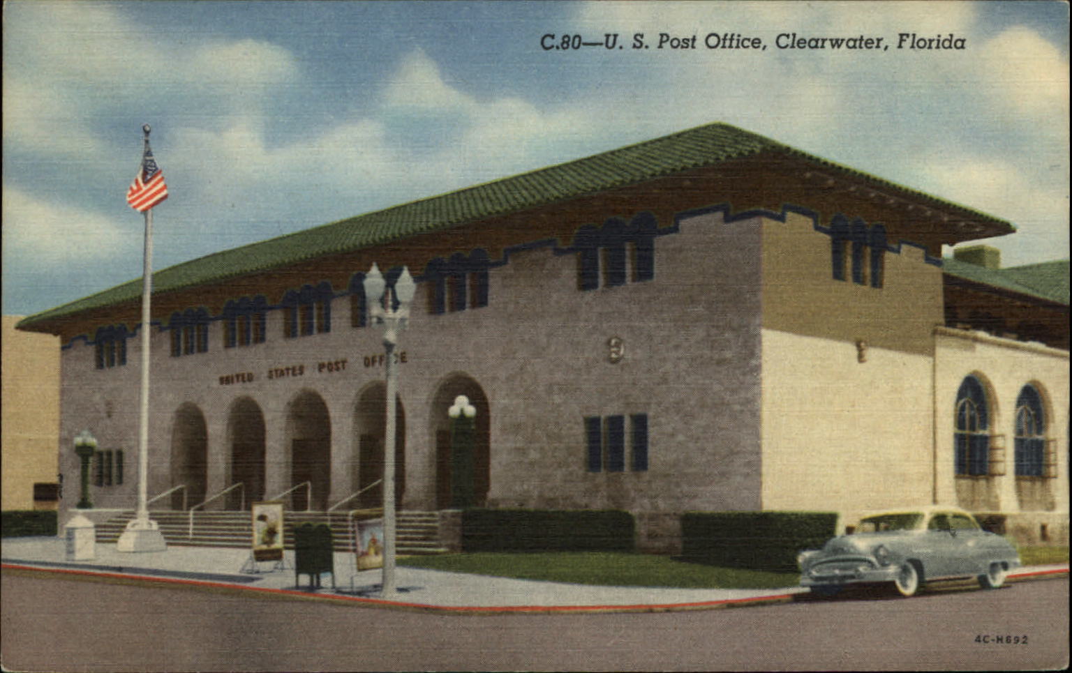US Post Office ~ Clearwater Florida ~ 1950s car ~ unused linen postcard