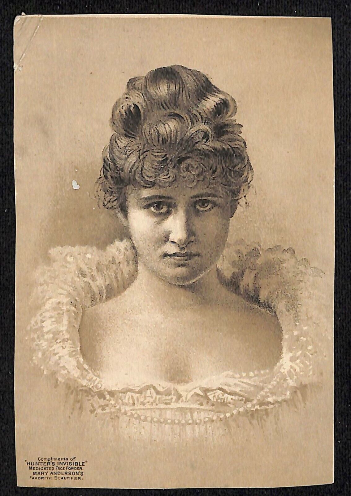 c1880's-90's Victorian Trade Card Mary Anderson - Face Powder R.M. Hunter Philly