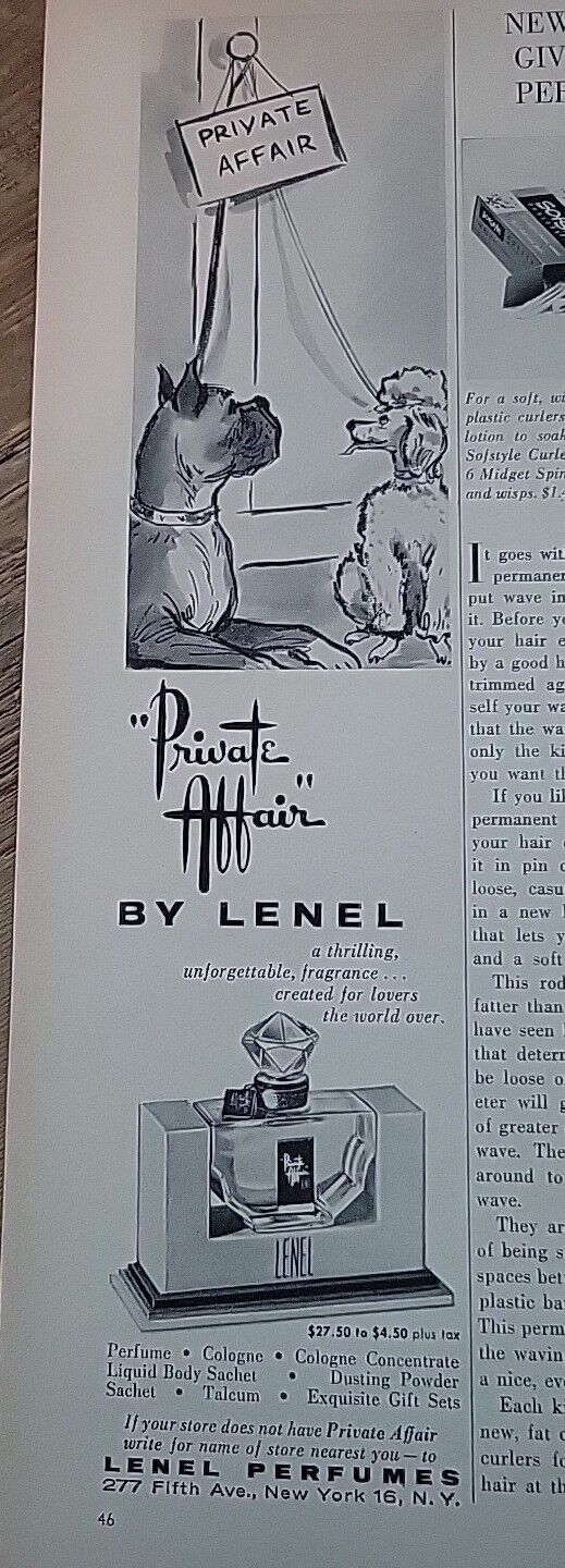 1955 Lenel Private Affair Perfume Bottle  Boxer Poodle Dog Vintage Art Ad 