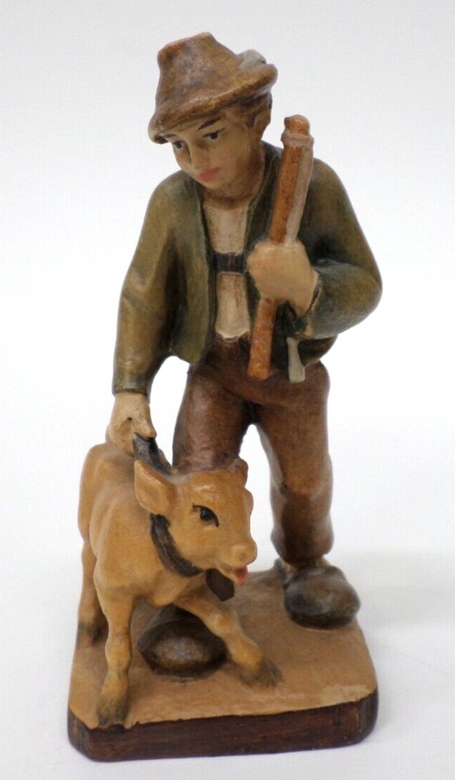 Vtg W.u.M. Heinzeller German Hand Carved Wood Figure Man Boy Calf Cow Shepherd