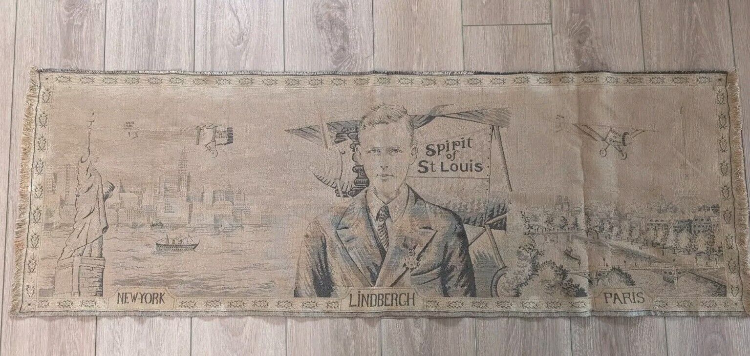 Antique Charles Lindbergh Tapestry 54x20 Spirit of St. Louis Statue Of Liberty 