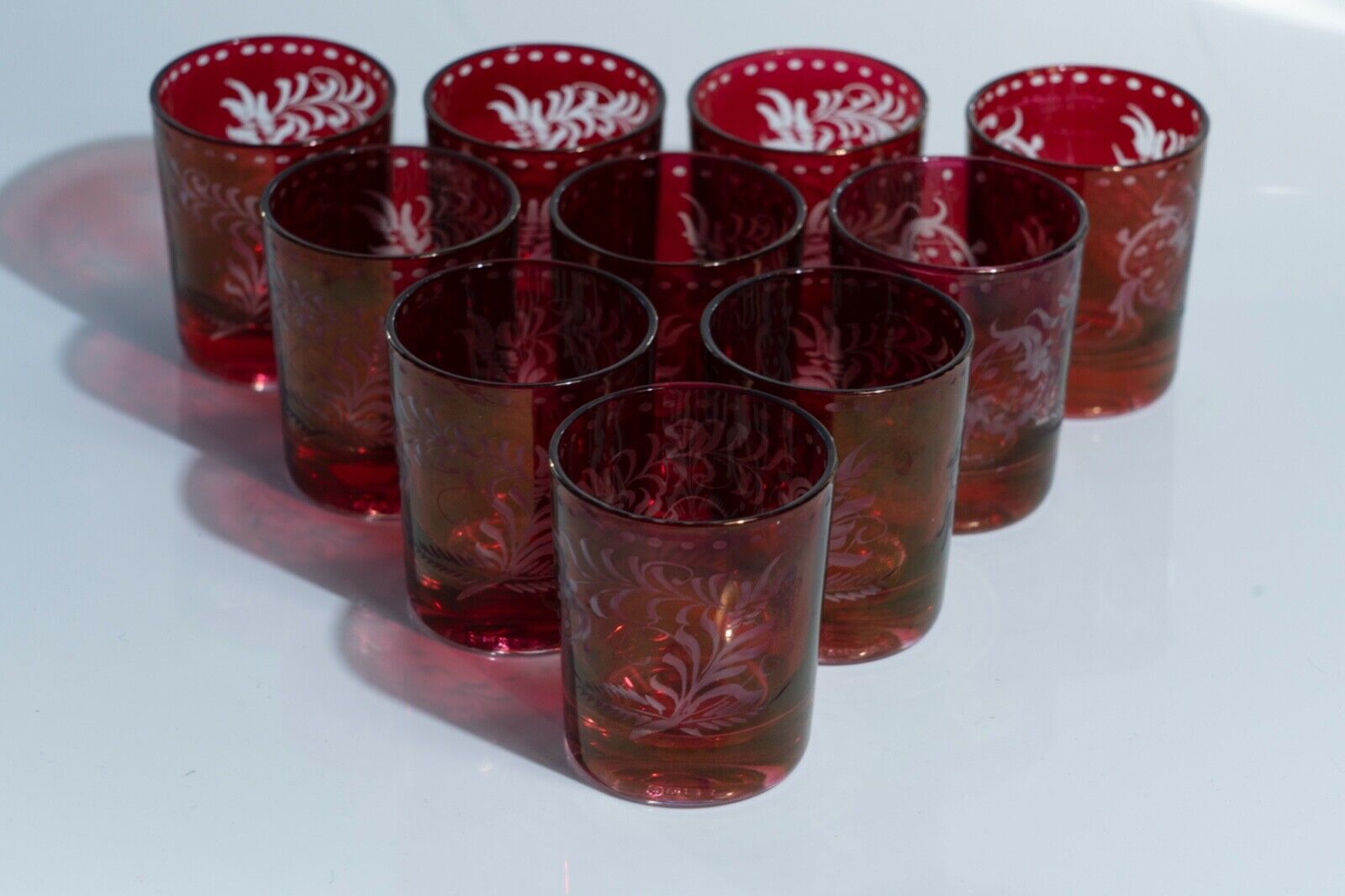 Crystal Shot Glasses Reims France Ruby Cut To Clear Floral Etched Set of 10