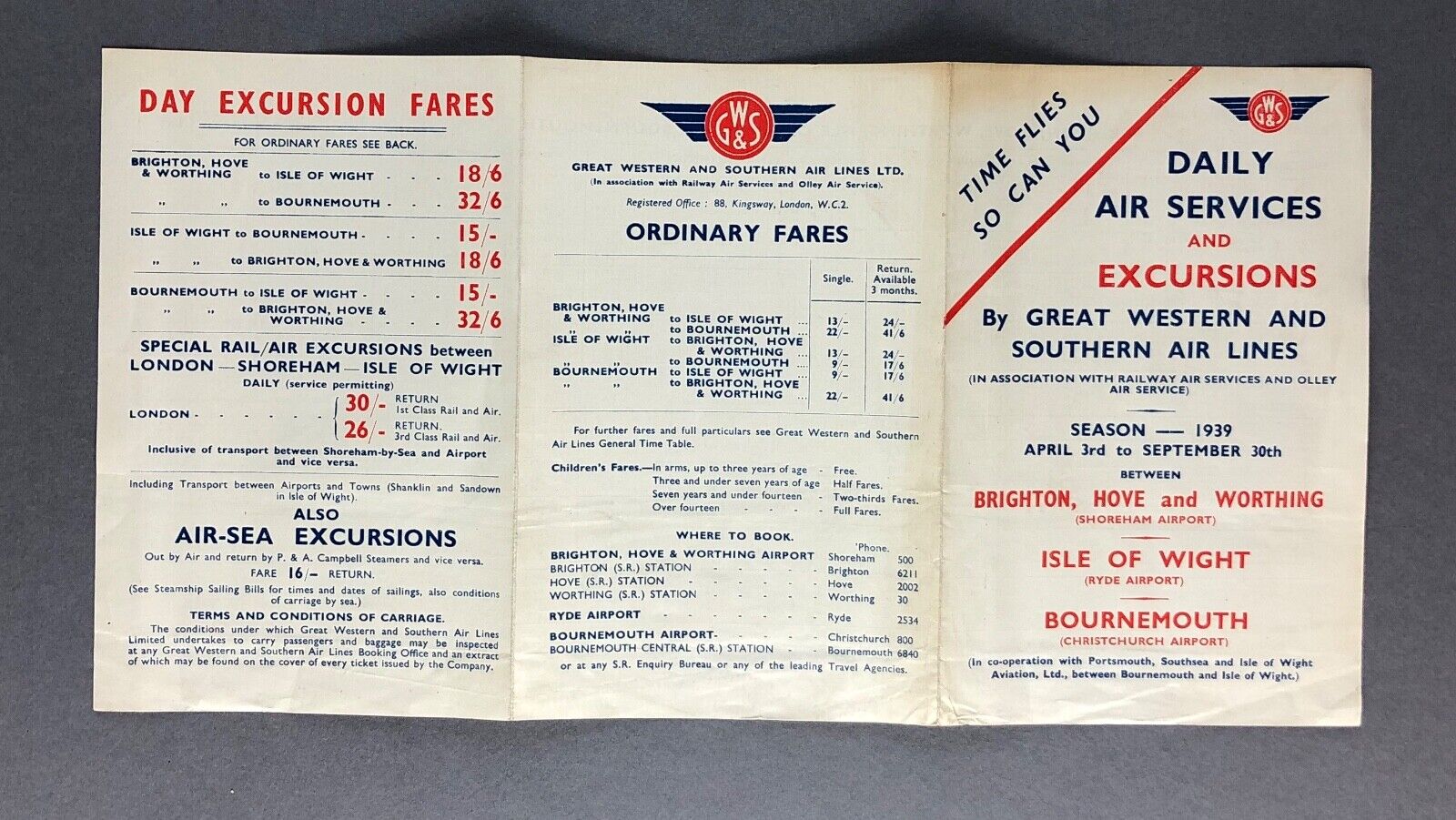 GWS GREAT WESTERN & SOUTHERN AIRLINES SUMMER 1939 AIRLINE TIMETABLE