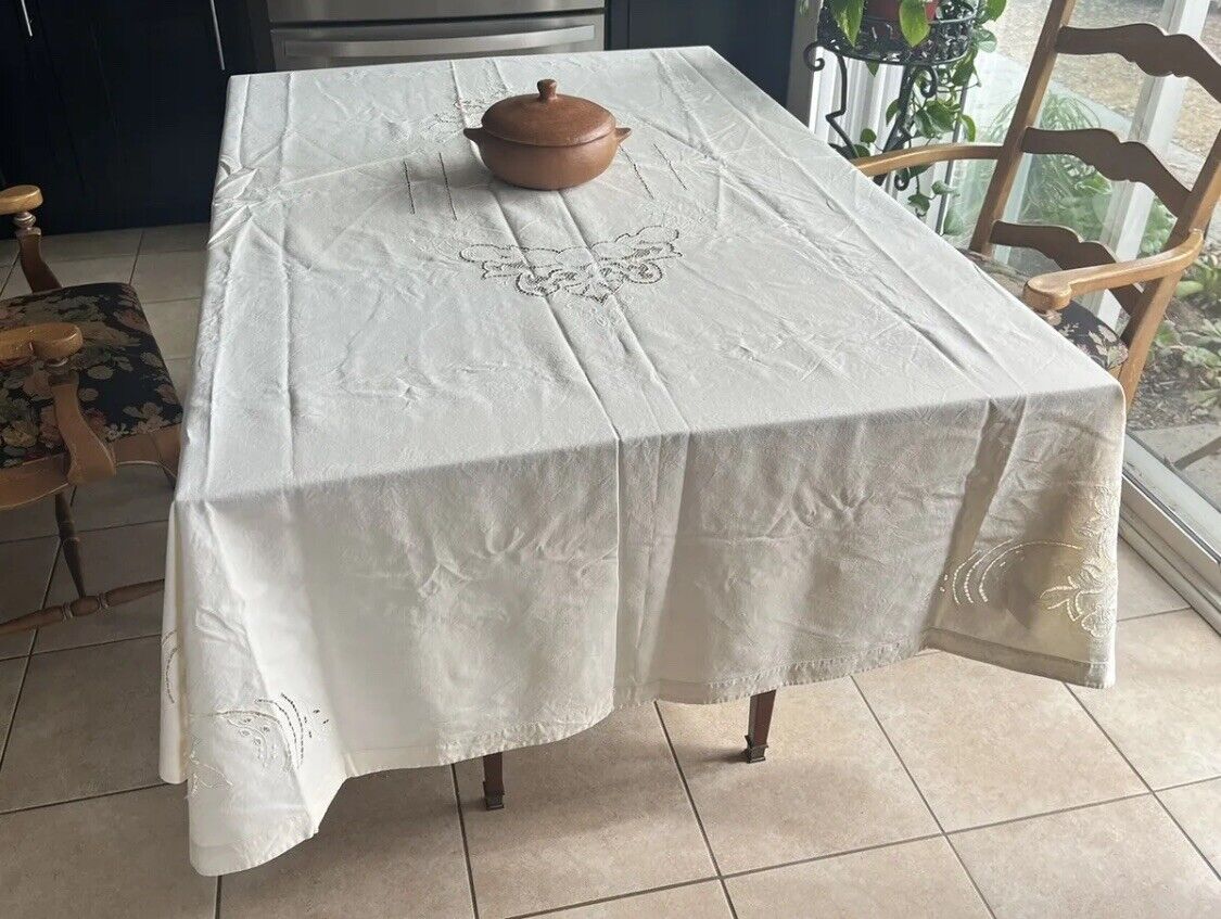Antique Tablecloth Cream Ivory Lace Rectangular Cotton 94 X 65 Embroidered Boho