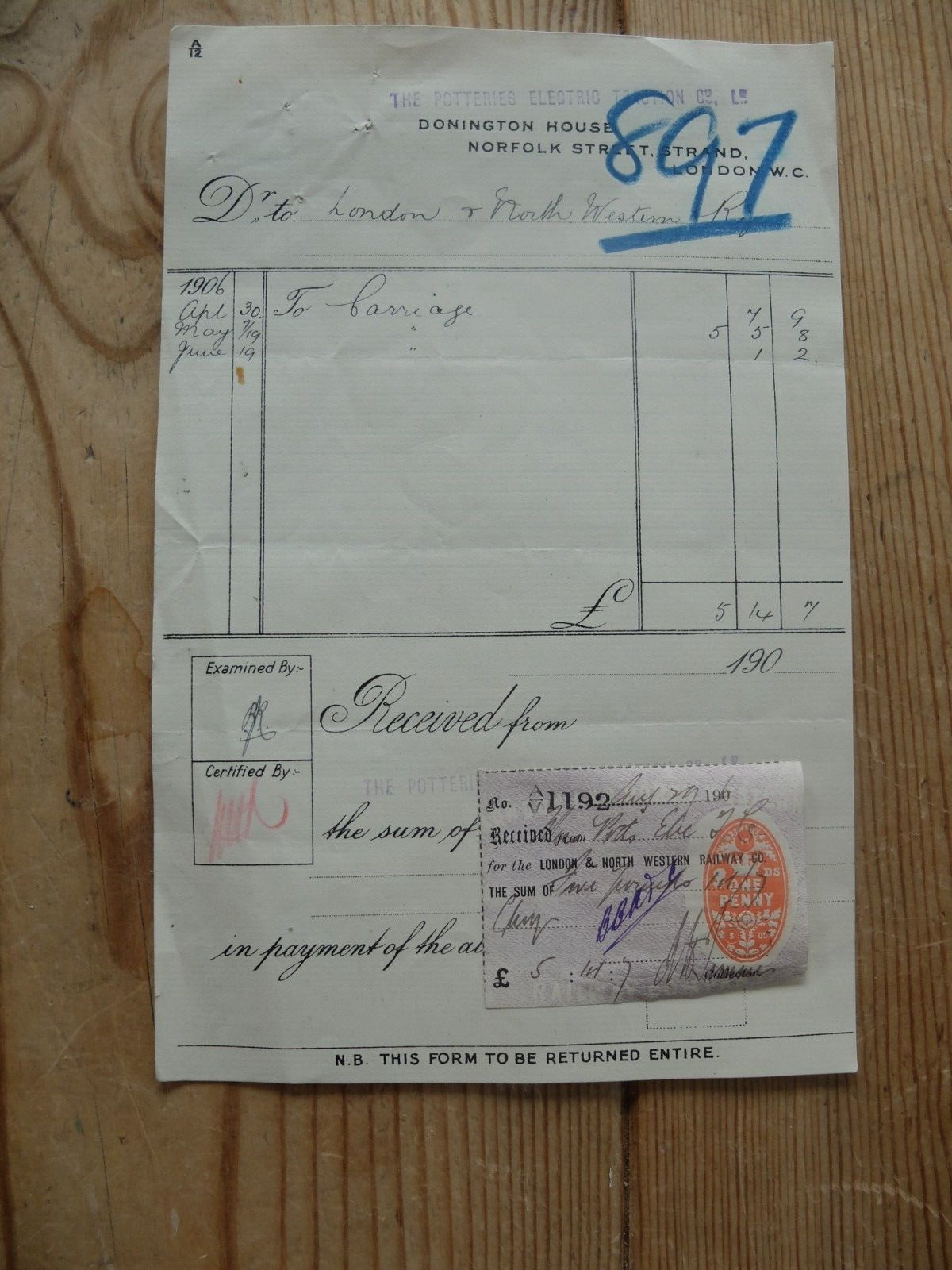 Potteries Electric Traction Co Ltd Invoice/receipt 1906