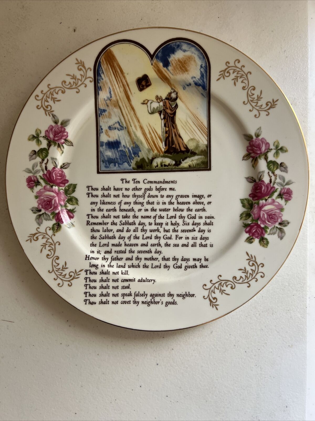 Vintage Ten Commandments Porcelain Plate w/Illustrations & Roses