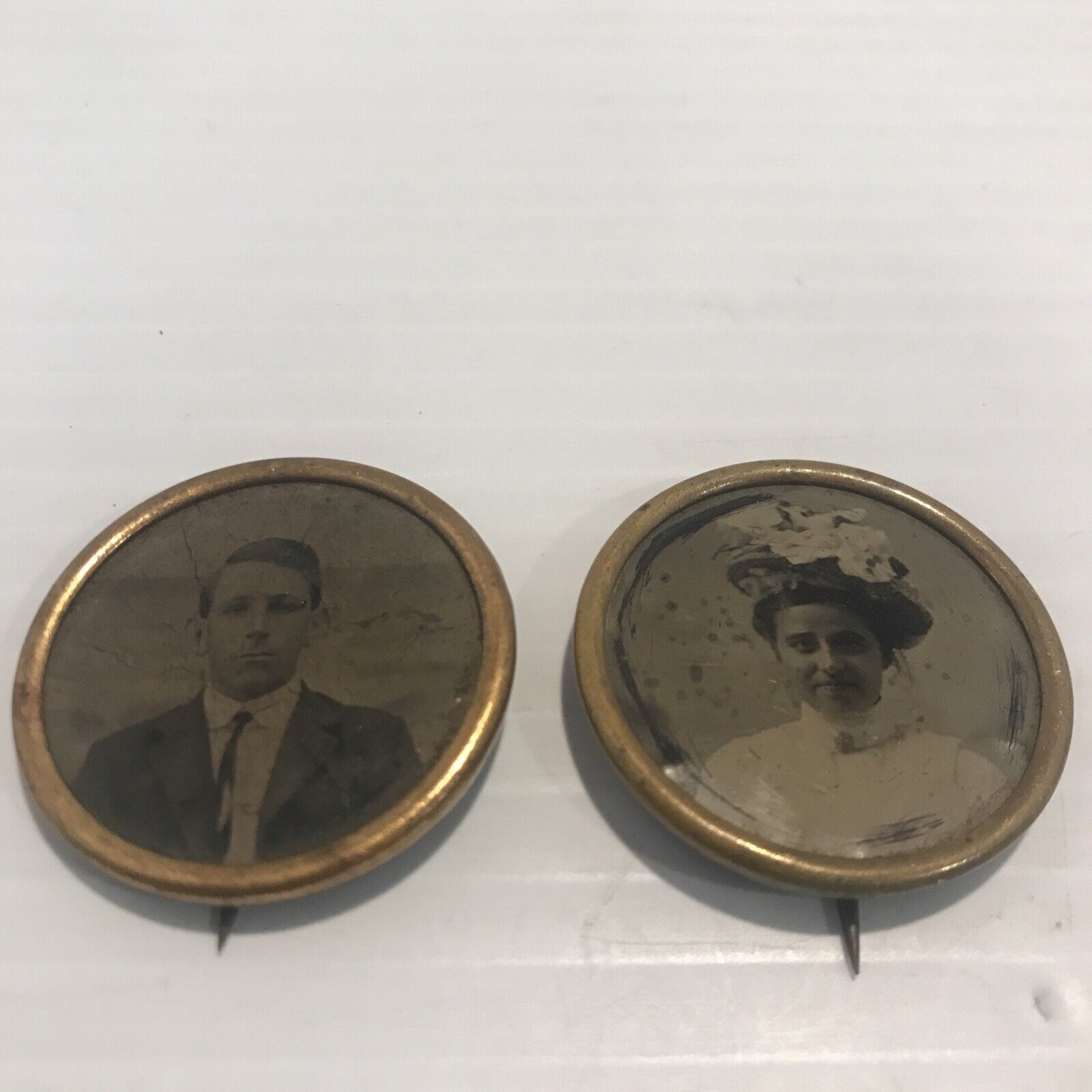 Two Antique Vintage Woman And Man  Photo Lapel Hat Jacket Pin Button