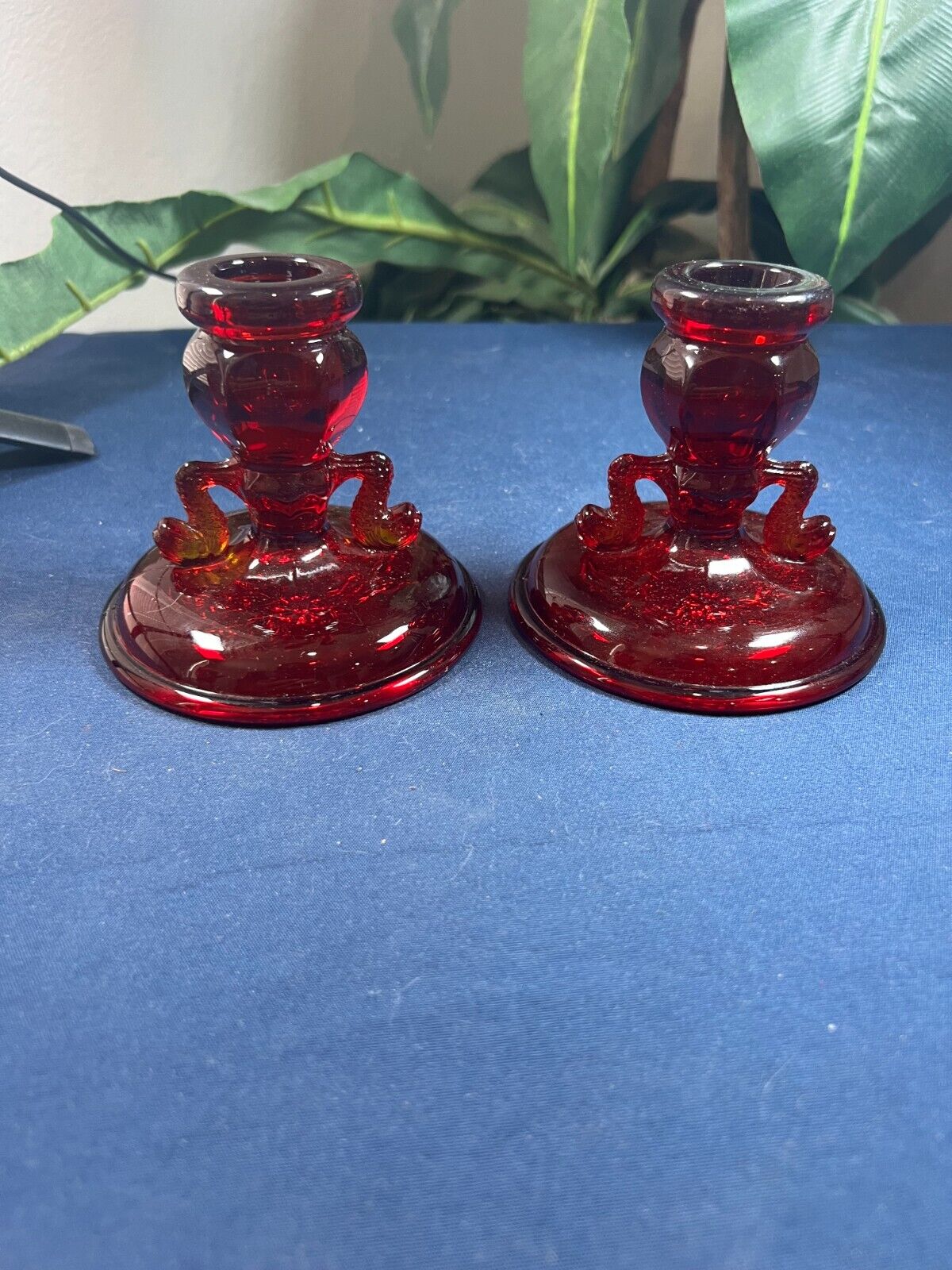 SET OF 2 Vintage Ruby Red Koi Fish Taper Candle Stick Holders