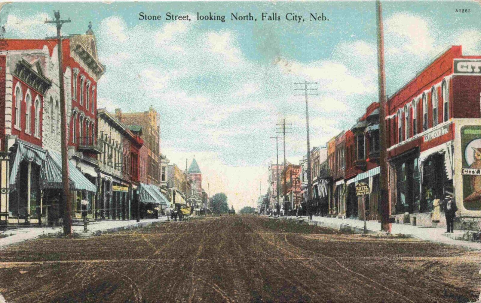c1910 Falls City Nebraska Stone Street Looking North Hotel Vintage Postcard