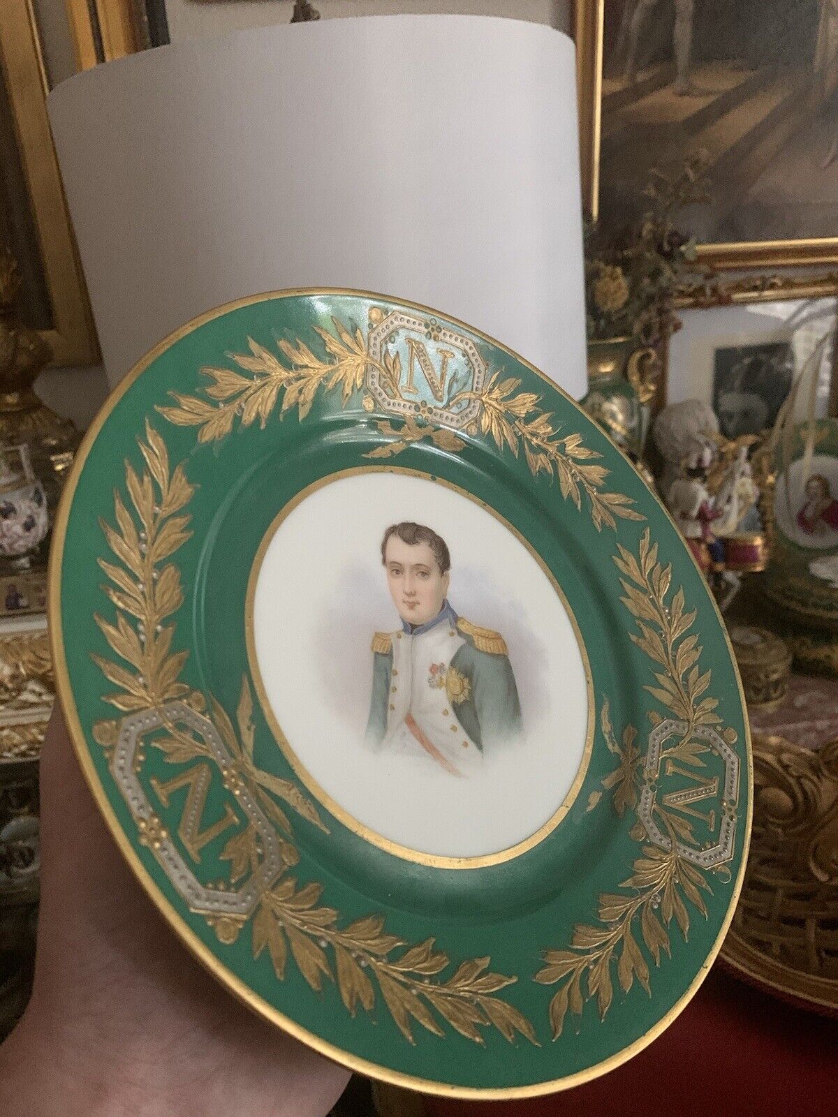 Rare Antique Gilt Empire Laurel Porcelain Portrait Plate of Napoleon Signed