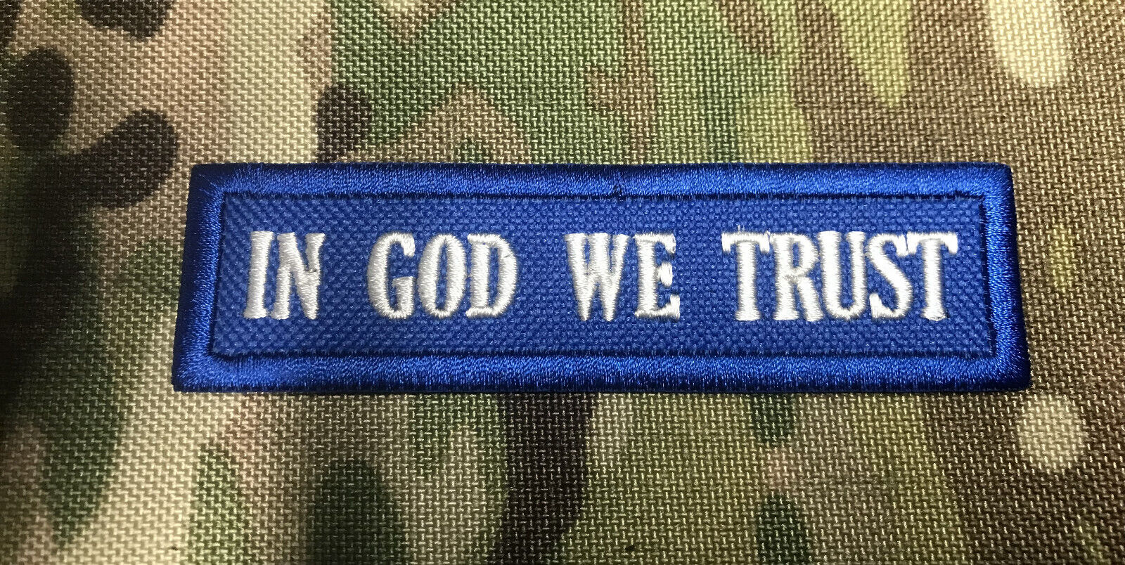 IN GOD WE TRUST EMB PATCH 1X4\'\' SEW ON WHITE ON ROYAL BLUE