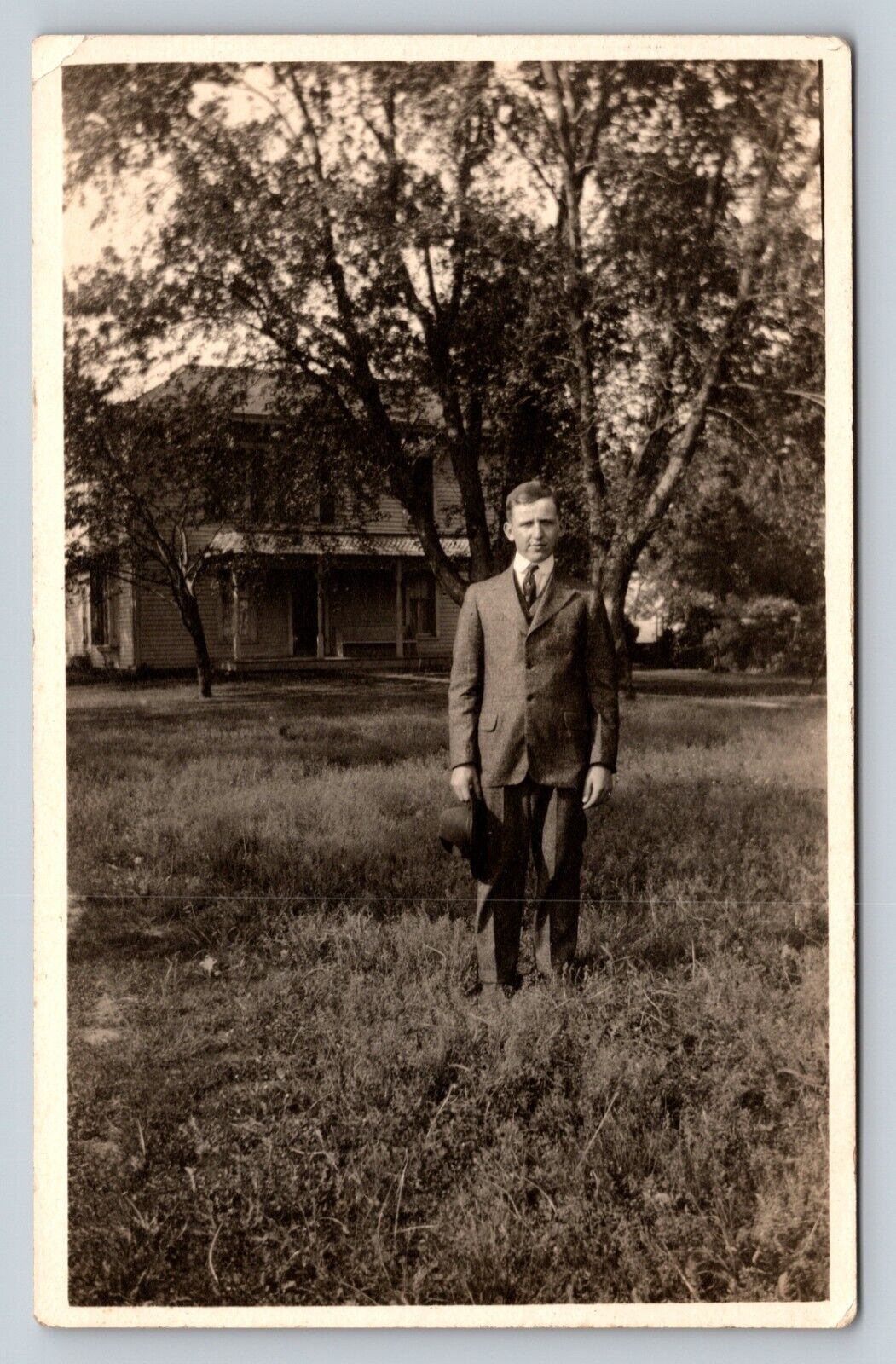 RPPC AZO 1918-1930 Man In Suit Poses For Picture Outside VTG Postcard