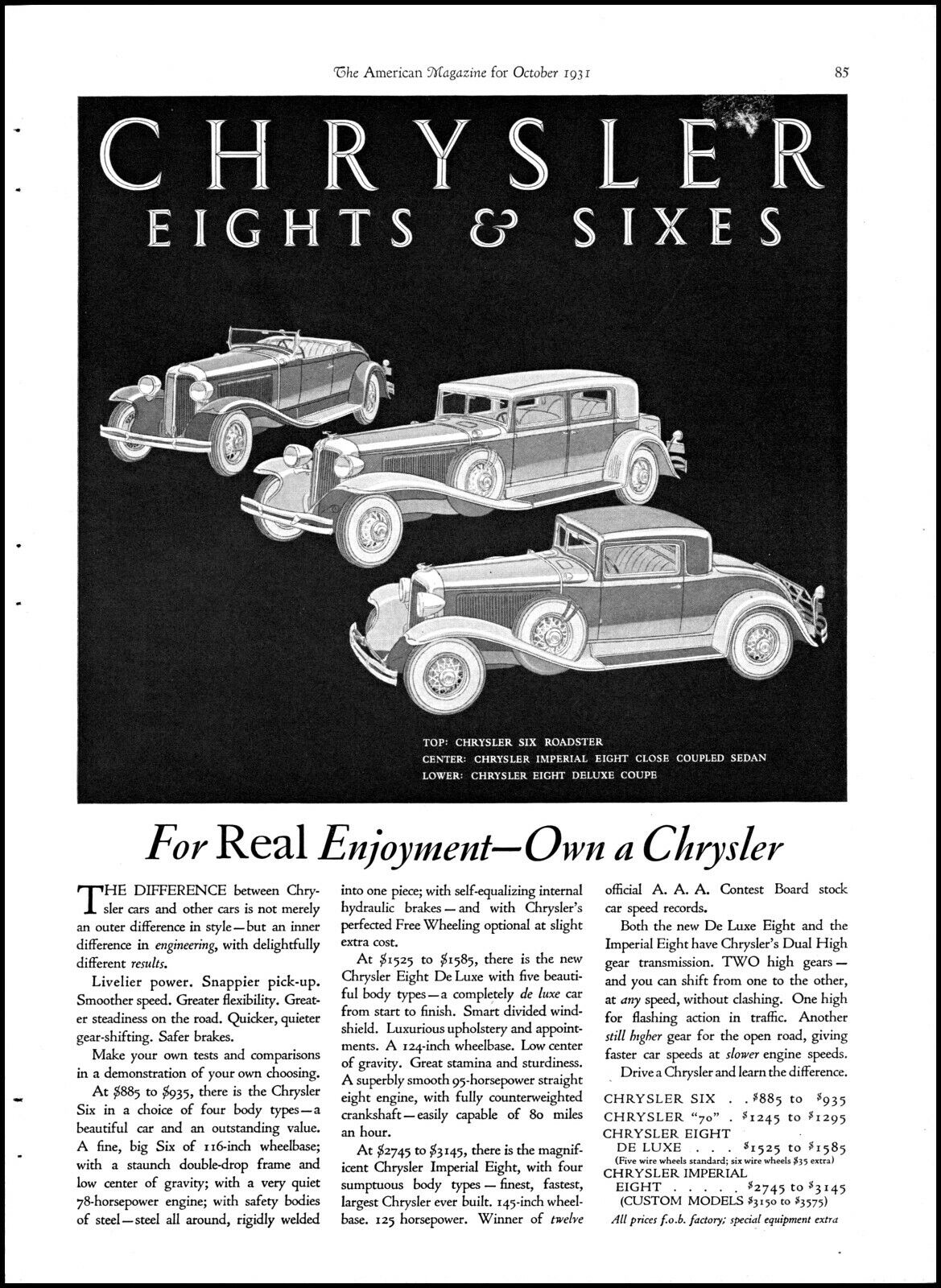 1931 Chrysler Cars Roadster Eights Sixes Coupe Sedan vintage art print ad S6