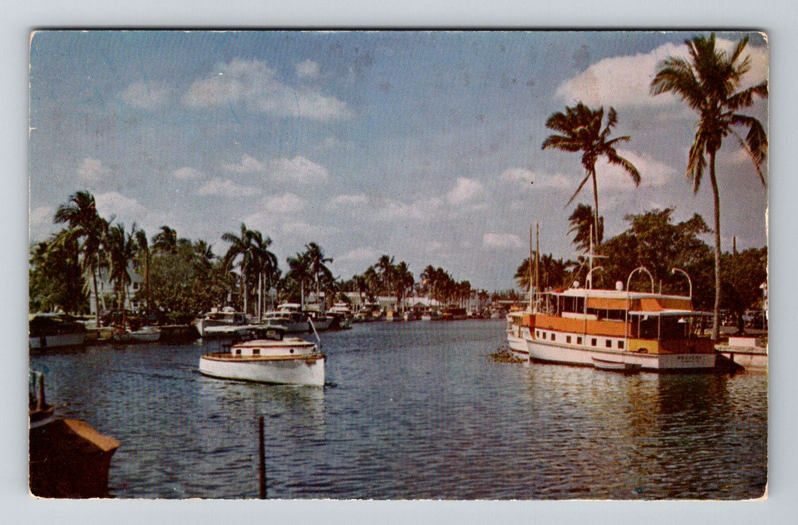 Fort Lauderdale FL-Florida, New River Canal, Boats Anchored, Vintage Postcard