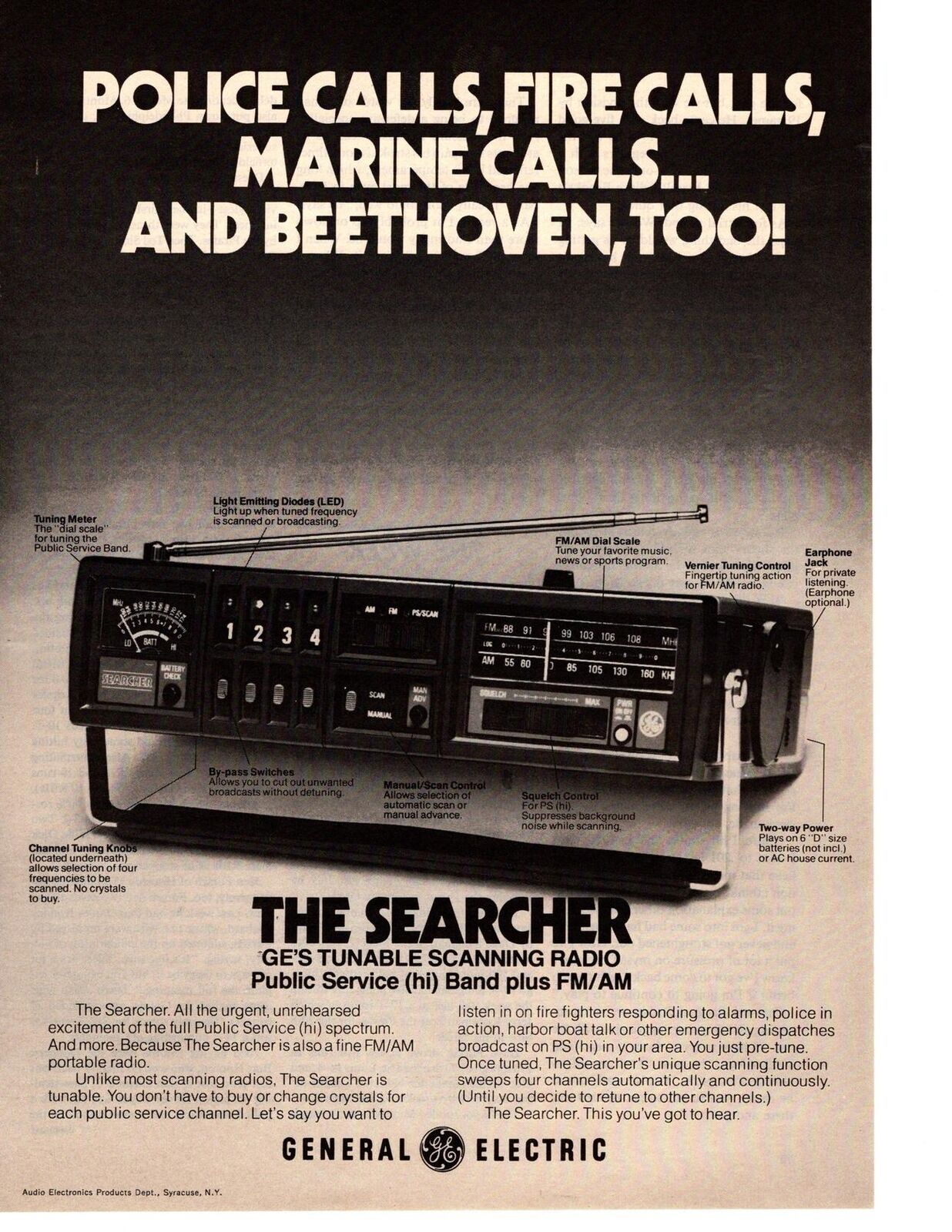 1976 GE General Electric Searcher Tunable Scanning Radio Police Scanner Print Ad