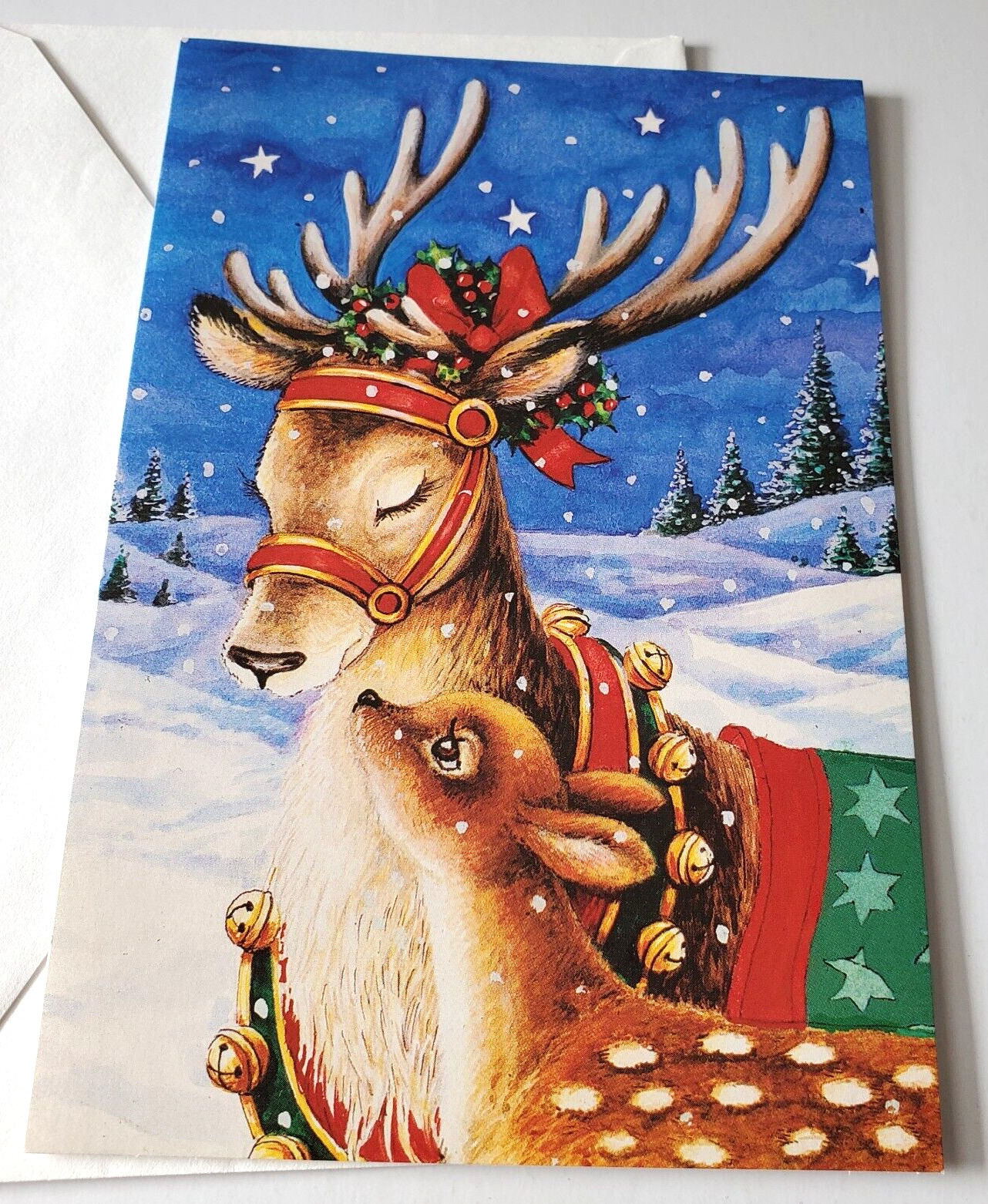 Vintage Christmas Card Reindeer with Baby Fawn Winter Starry Night