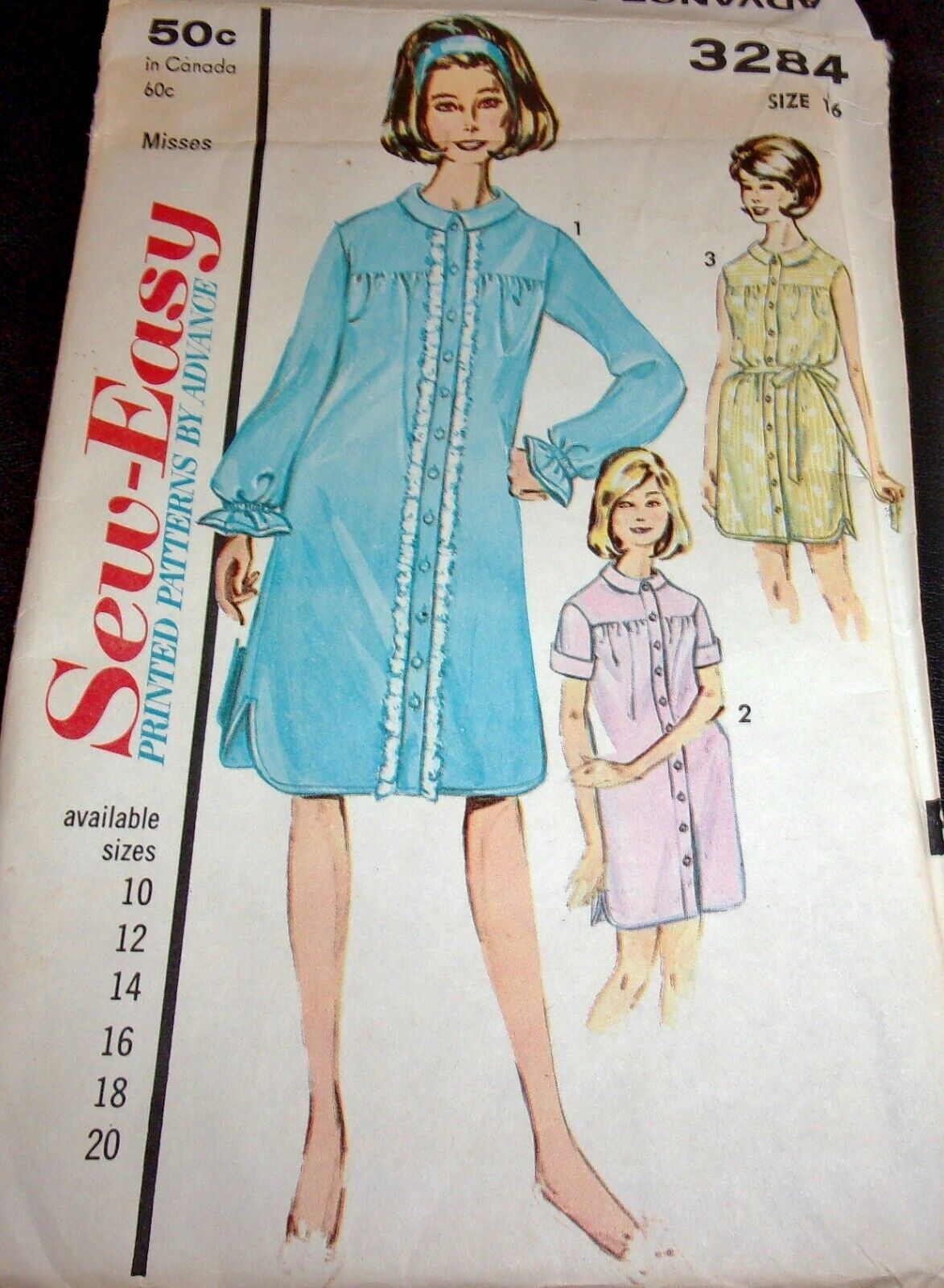 Vtg 1960's Advance Pattern 3284 Buttoned Nightgown or Smock Dress Size 16 Uncut