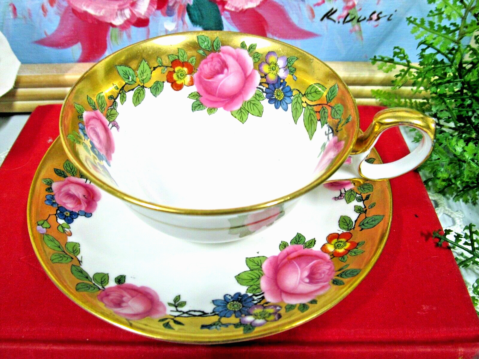 PARAGON tea cup and saucer  PINK rose gold band teacup England 1920s