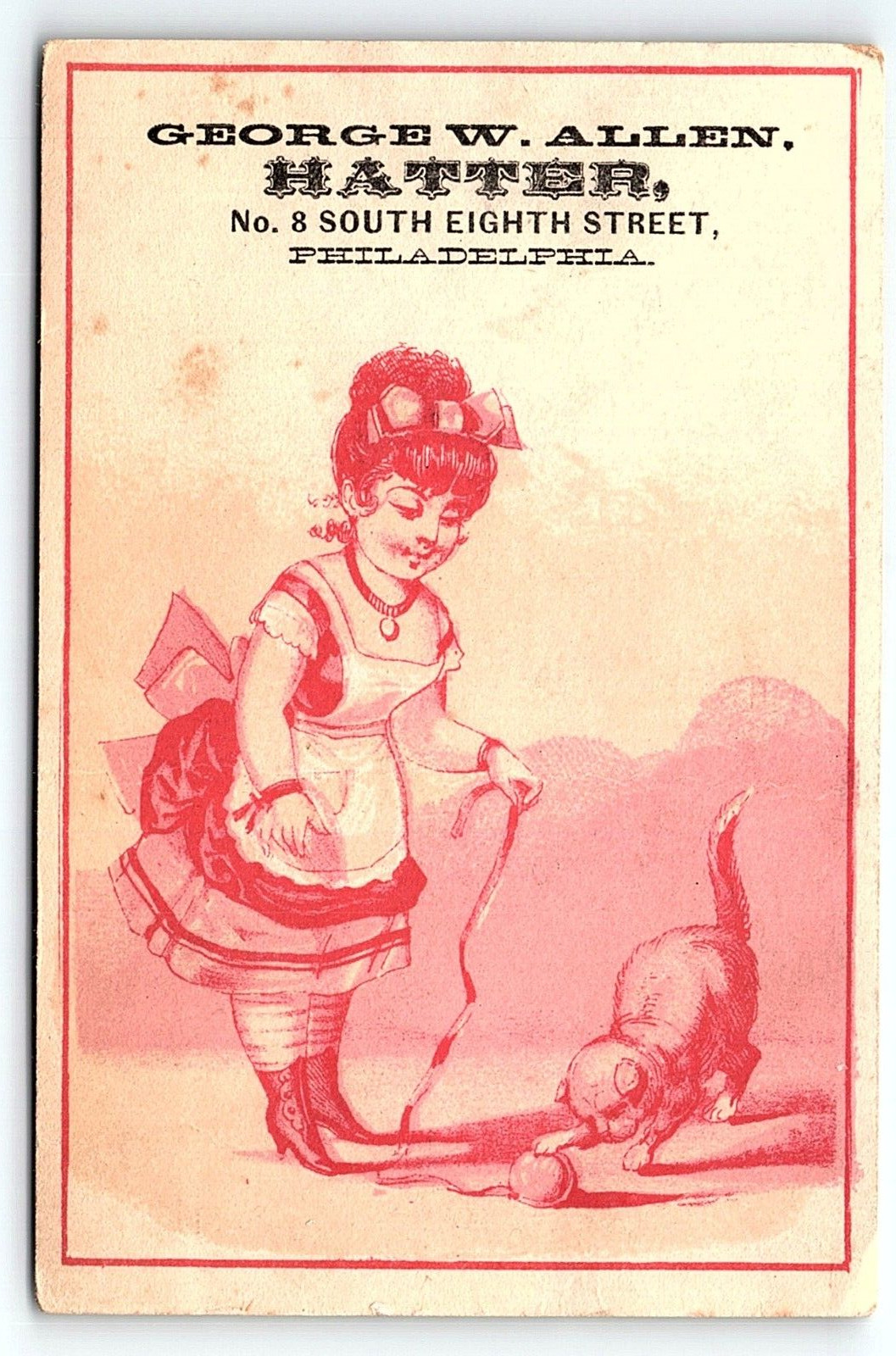 1880s GEORGE W. ALLEN HATTER PHILADELPHIA CAT GIRL VICTORIAN TRADE CARD P312