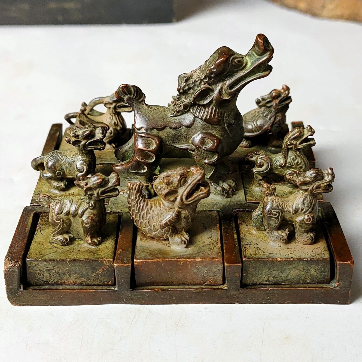 Chinese Purple Bronze Dragon Born Nine Sons Seal Statue Ornament