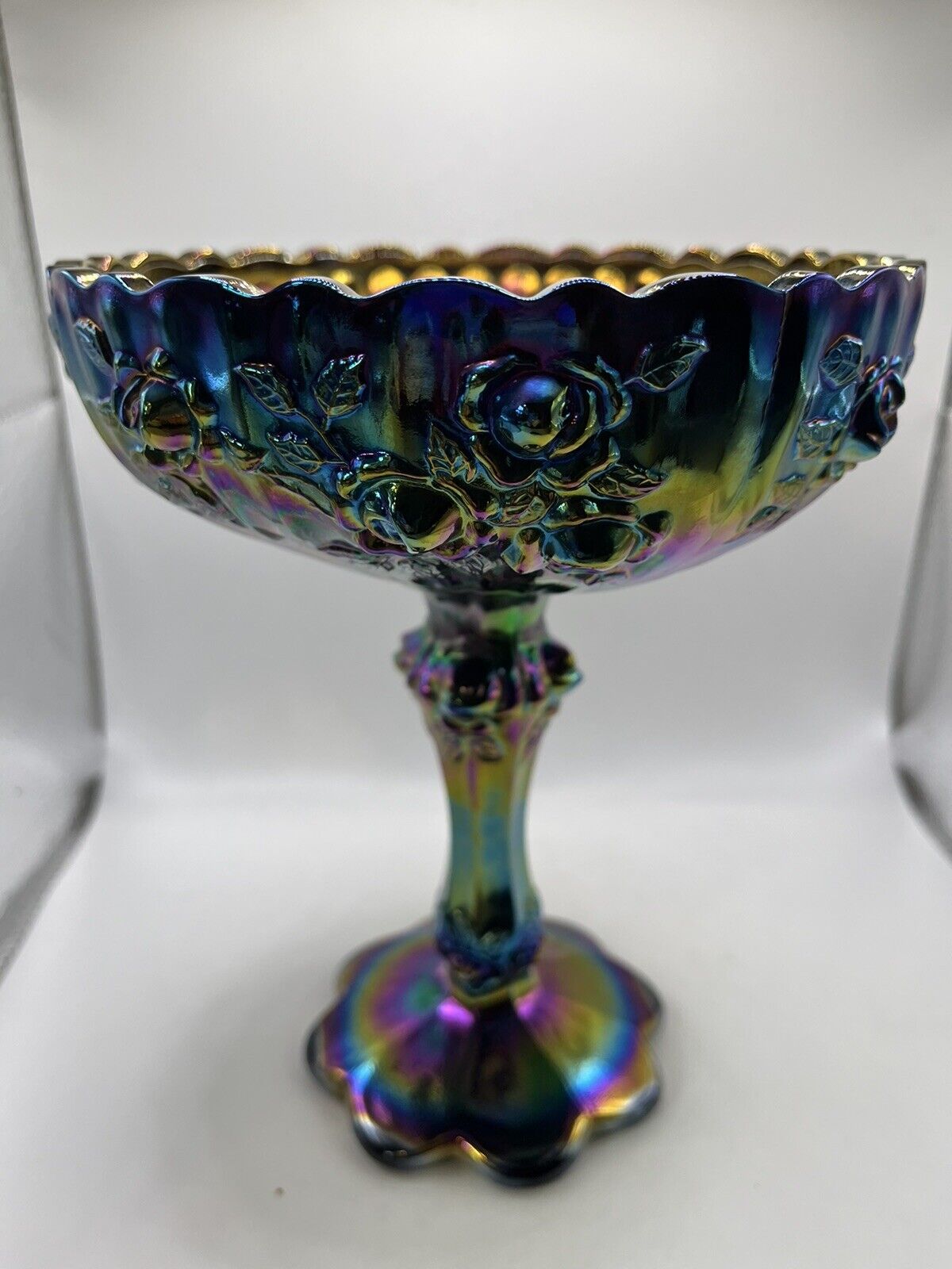 Fenton Carnival Glass Cabbage and Roses Compote