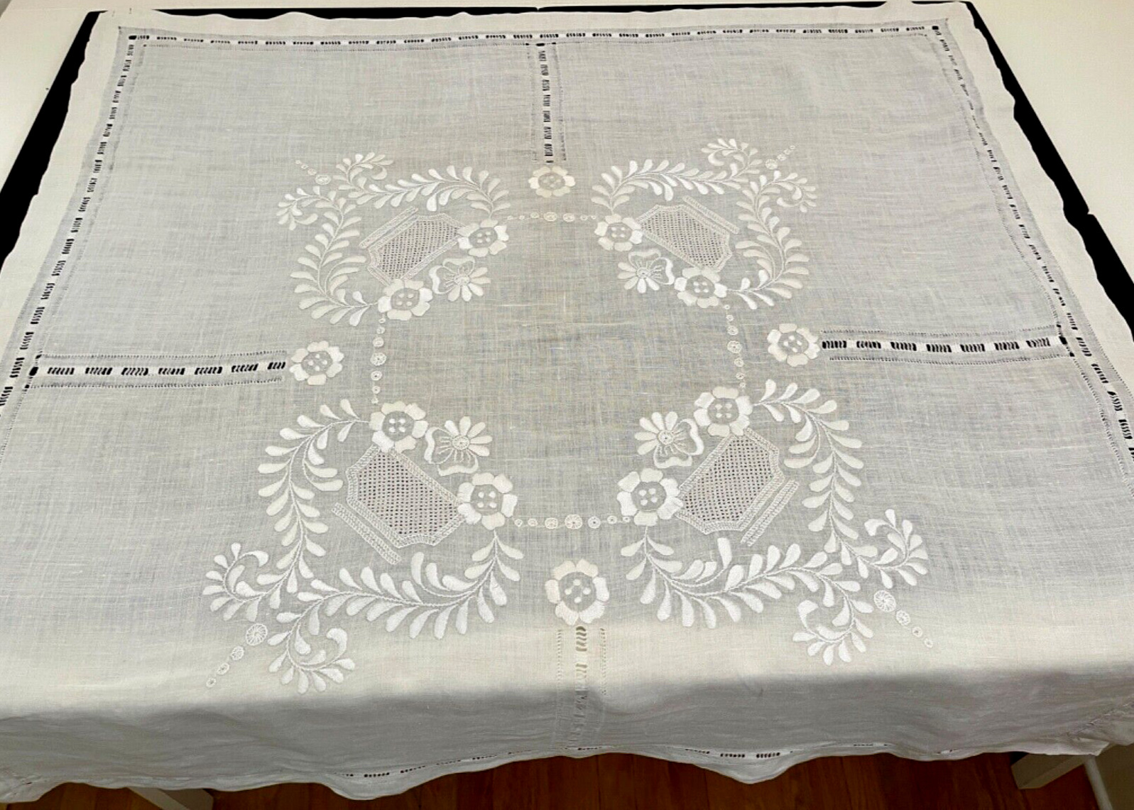 Vintage Linen Tea Cloth Heavily Embroidered with Drawnwork  YY942