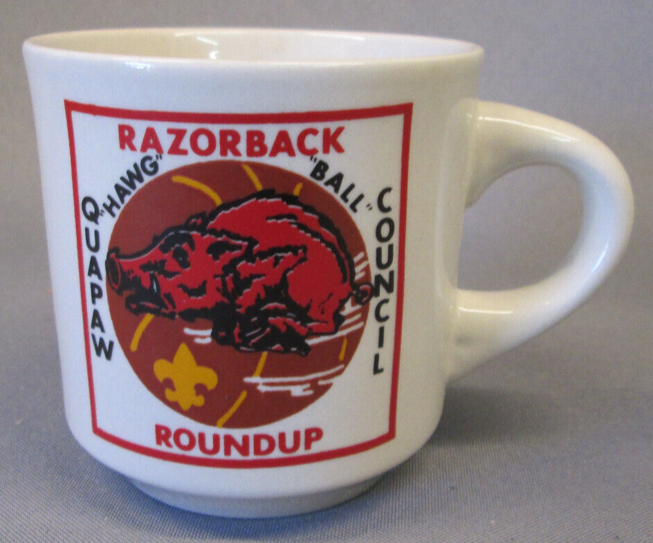 ARKANSAS RAZORBACKS Roundup Quapaw Area Council Boy Scouts Hawg Ball Vintage Mug