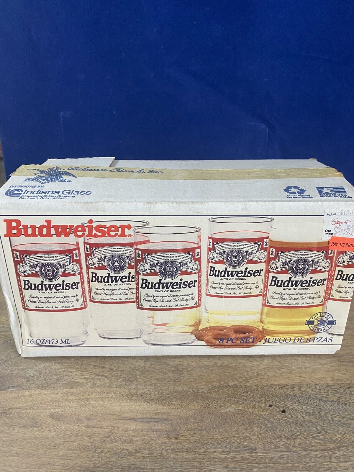 VTG 1997 Anheuser Busch Budweiser 8 pc. Glass Cooler Drinking Cup Set 16 oz