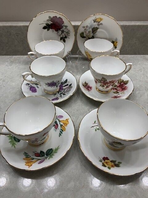Vintage DELPHINE Floral Tea Cup Saucer Scallop Bone China MADE IN ENGLAND Set 6