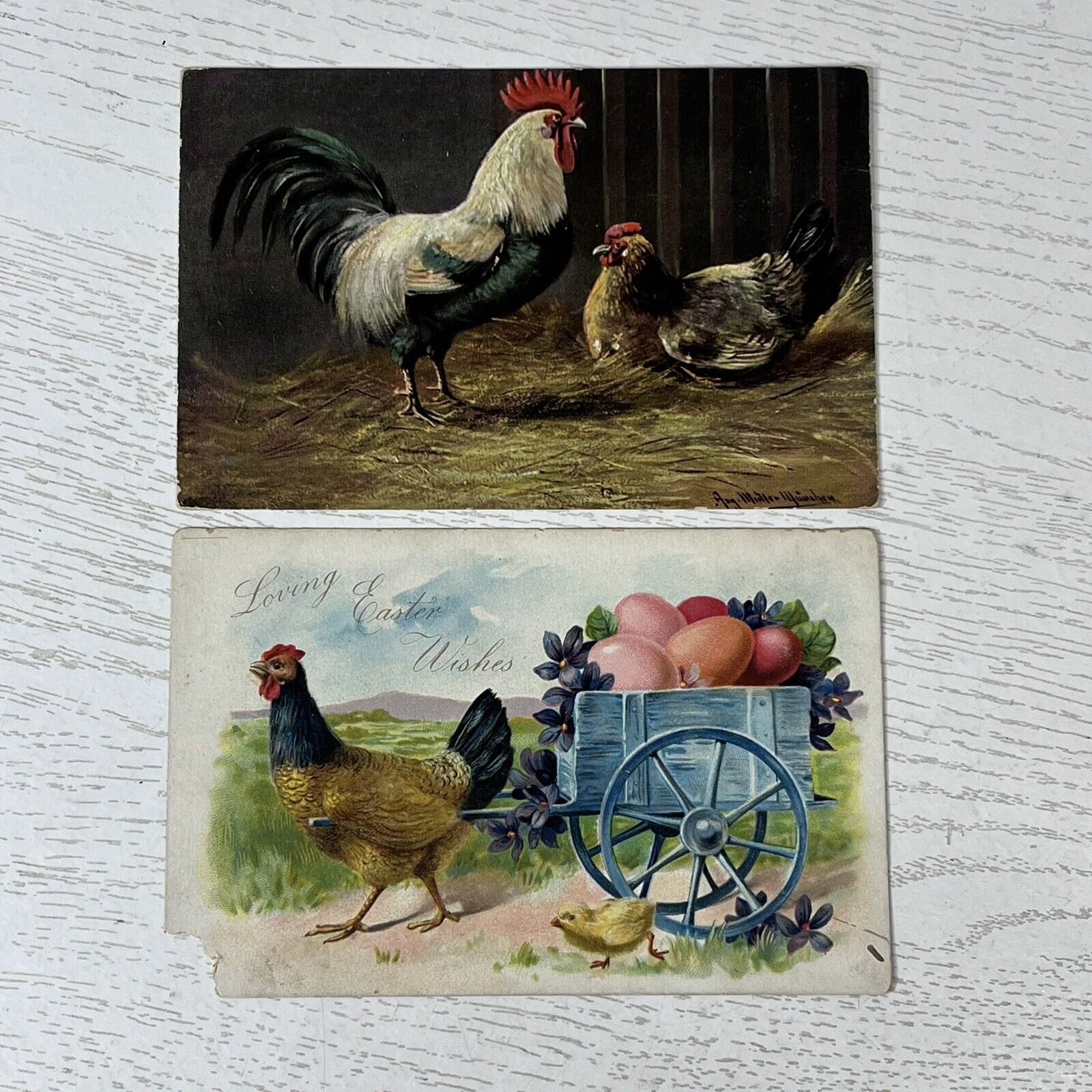 Vintage Easter Farm Postcards Lot of 2 Hens Rooster Egg Cart Early 1900s