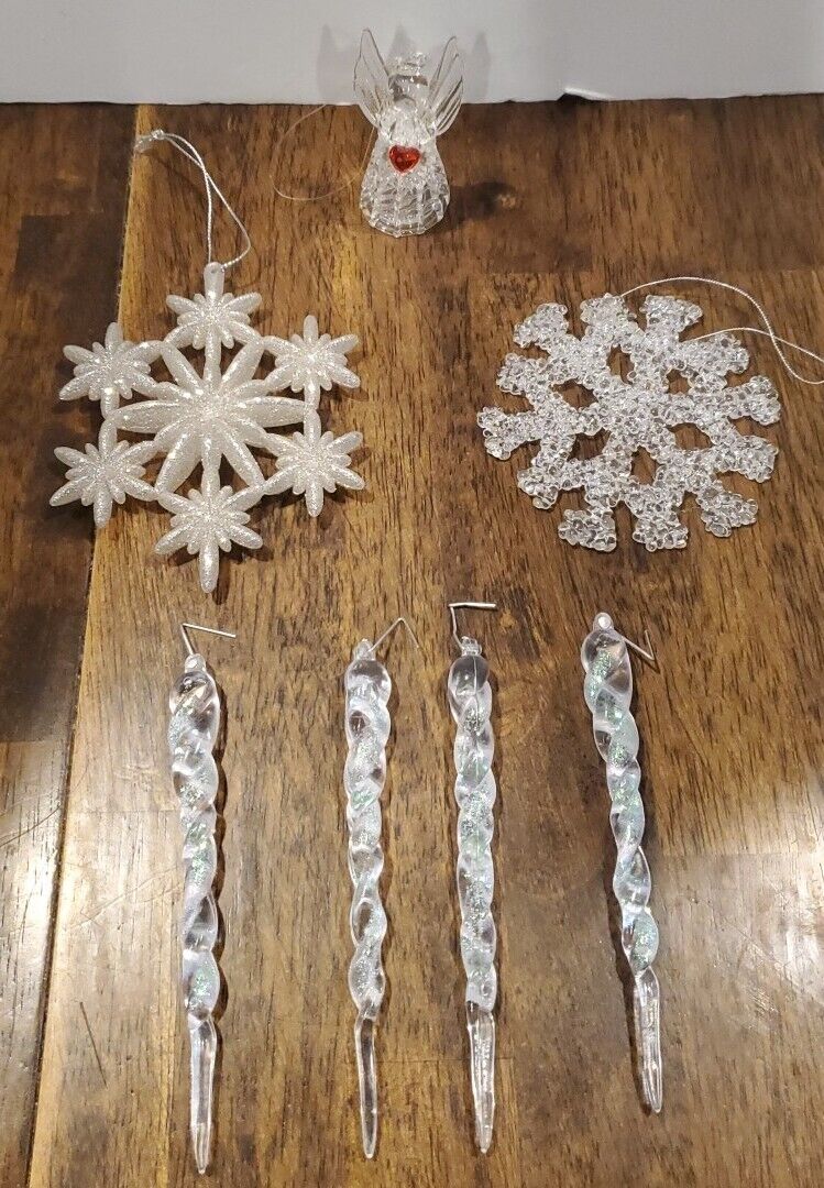 Vintage Clear Glitter Acrylic Snowflake Icicle Angel Christmas Ornament Lot 7
