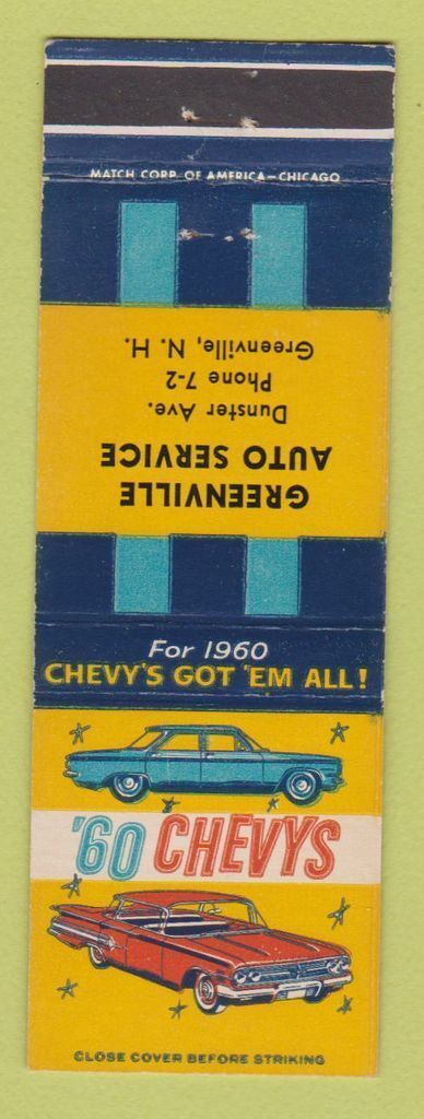 Matchbook Cover - 1960 Chevrolet Greenville NH