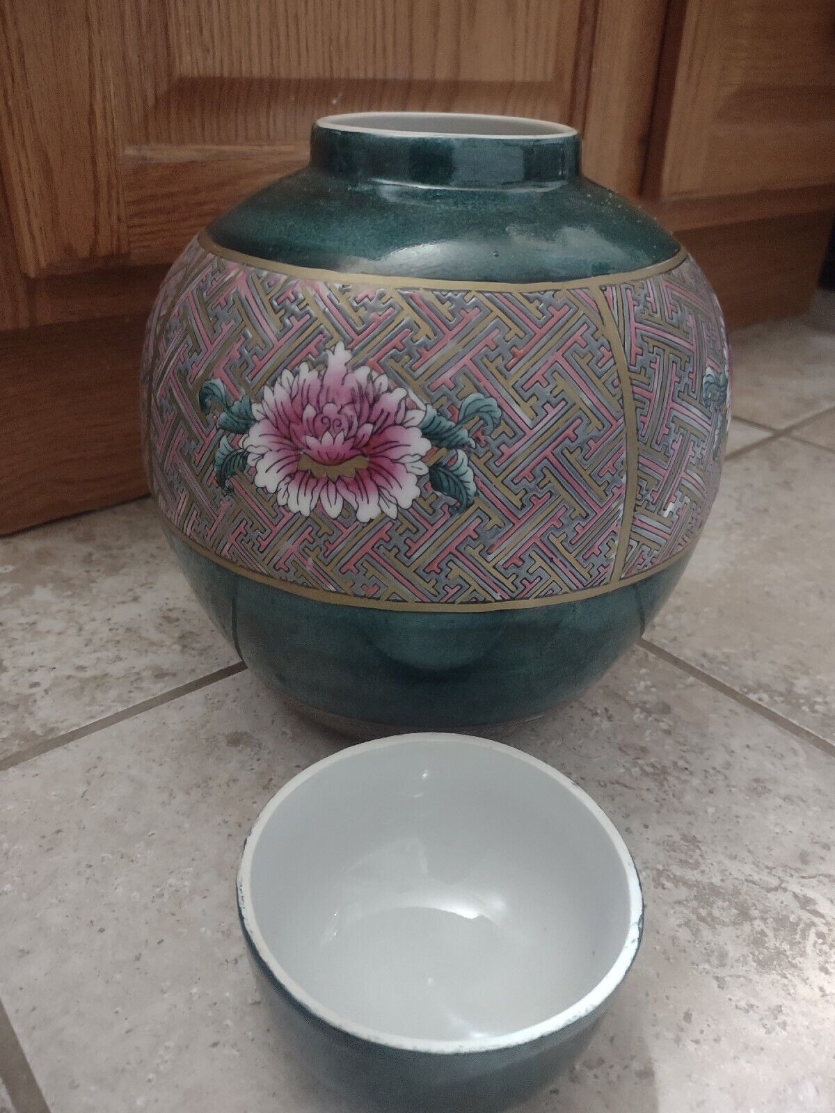Vintage Chinese Vase  Flower Motif Green Pink Gold WFBI Unique Rare