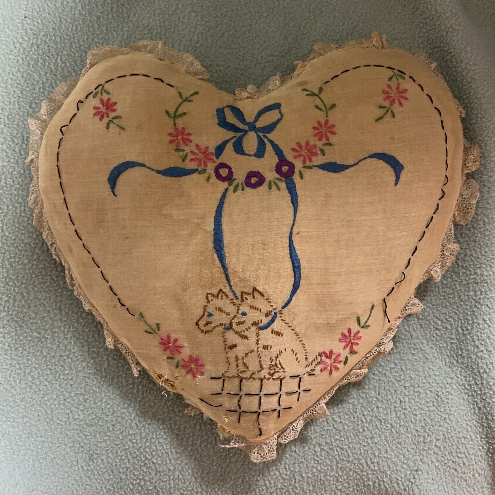 Vintage Heart Pillow With Embroidery Flowers, Blue Ribbon And Scotty Dogs