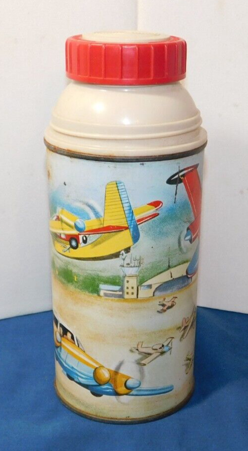 RARE old Home Town Airport Metal Lunchbox Thermos