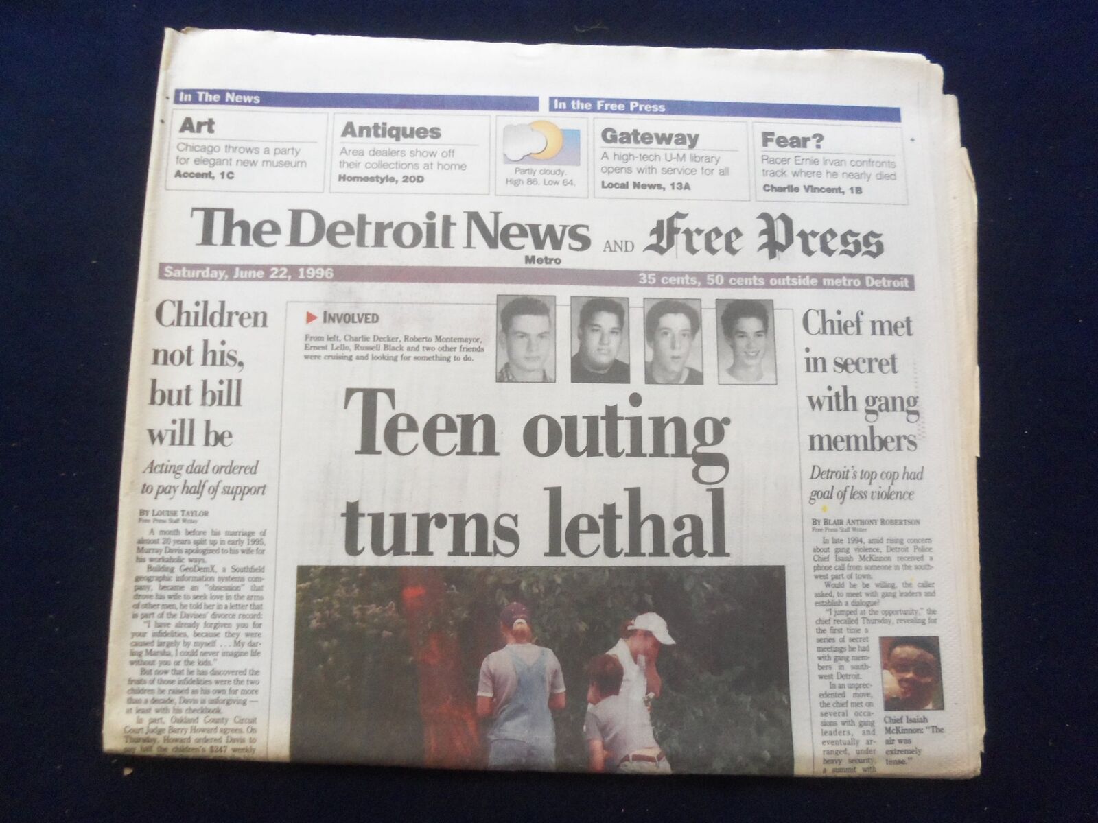 1996 JUNE 22 DETROIT NEWS/FREE PRESS NEWSPAPER-TEEN OUTING TURNS LETHAL- NP 7218