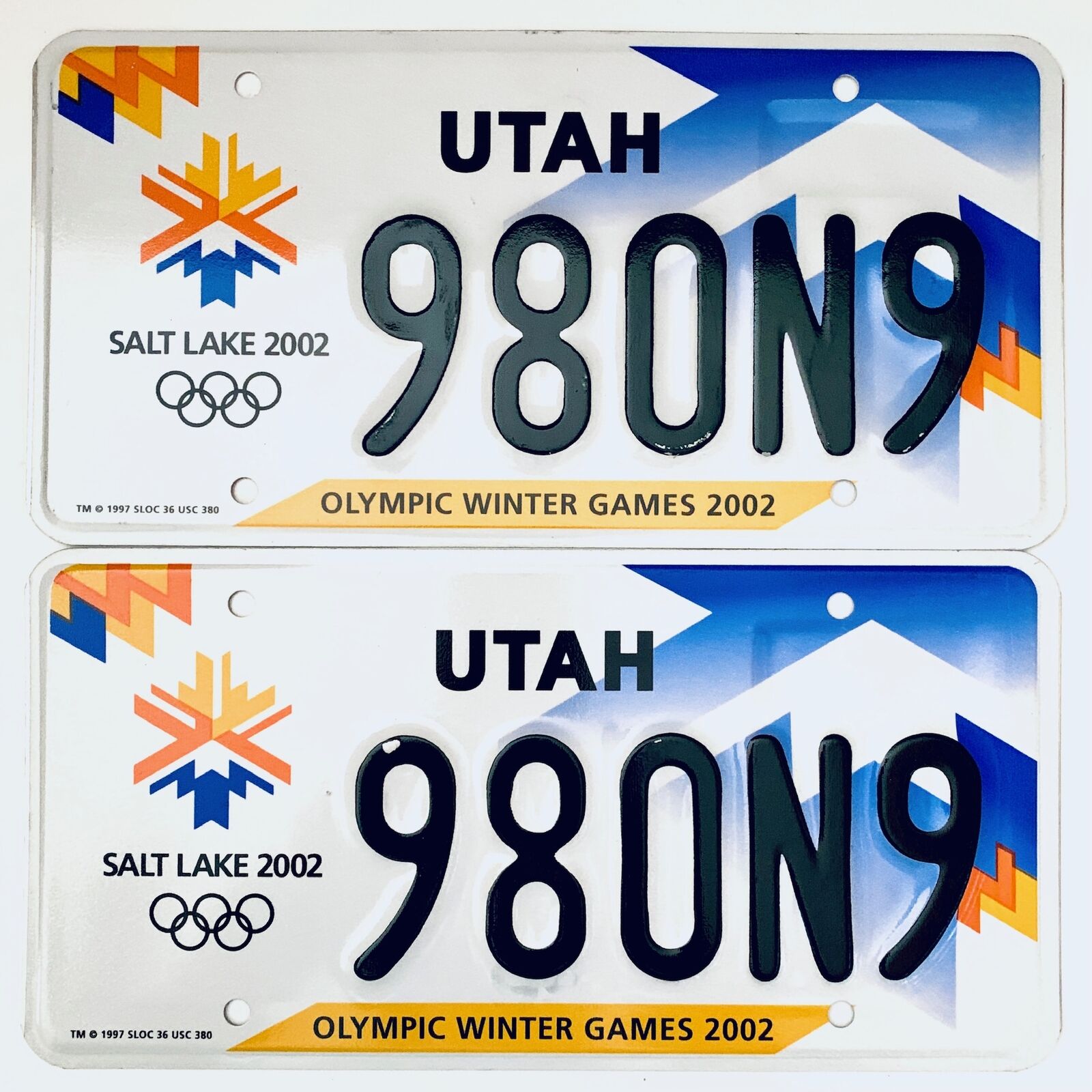 2002 United States Utah Olympic Winter Games Passenger License Plate 980N9
