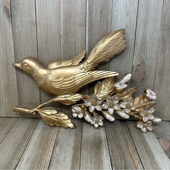 Vintage Syroco Bird on Dogwood Branch 60s Wall Hanging Gold Plastic Resin Floral