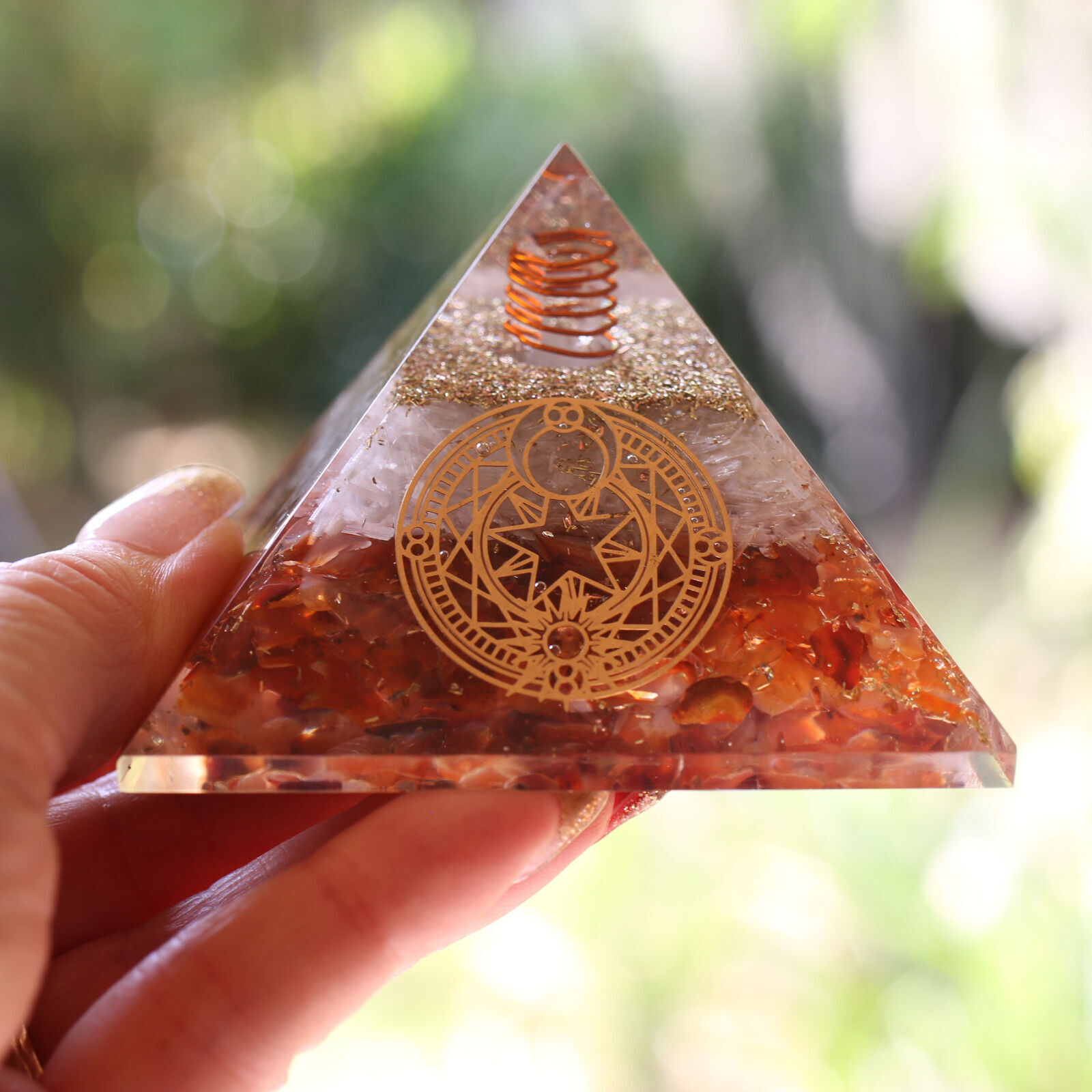 Natural Carnelian and Selenite Orgone Pyramid XL 75mm 3 inch EMF & 5G Protection