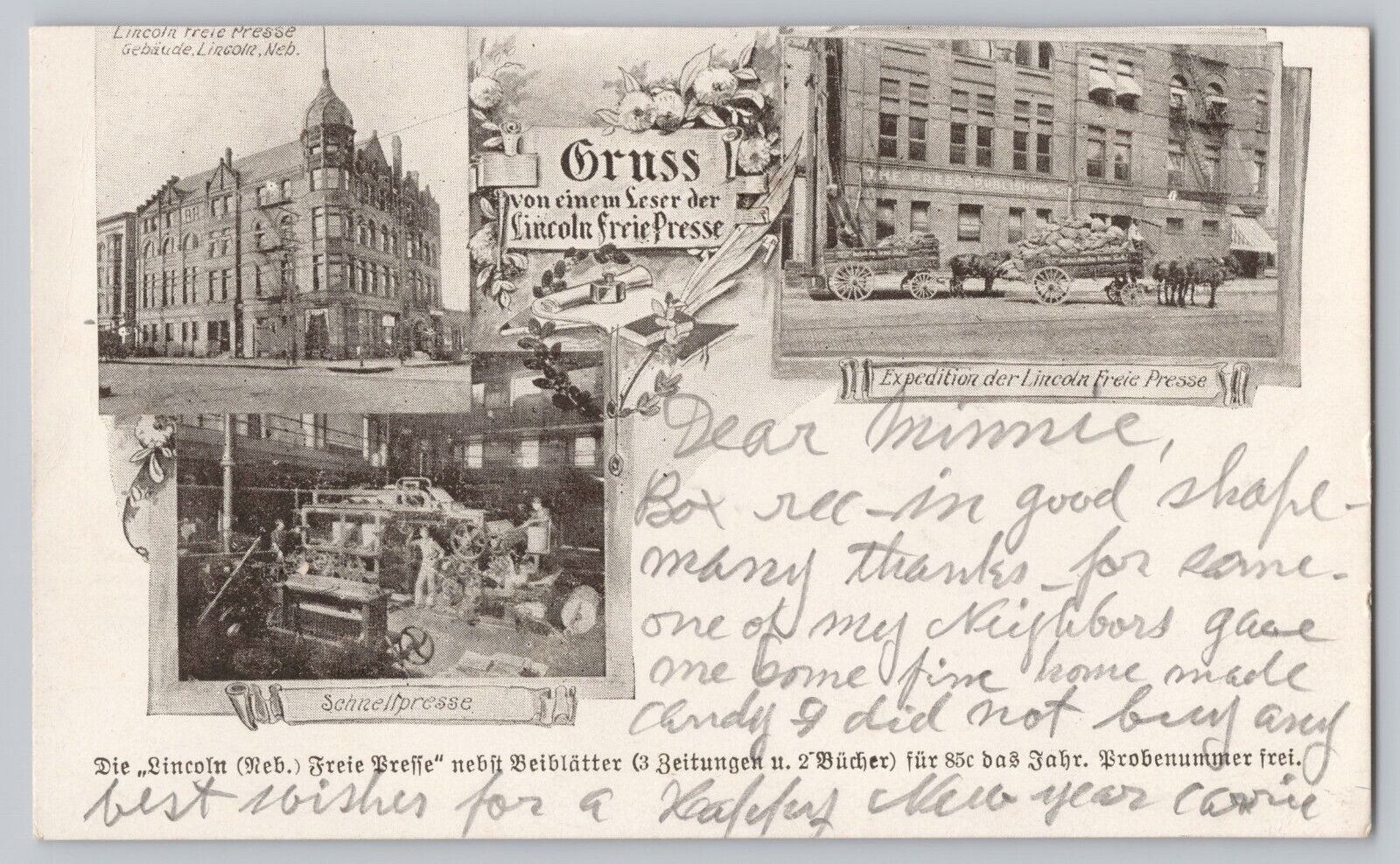 Lincoln NE Postcard Greeting From a Reader of Lincoln Freie Presse Gruss von