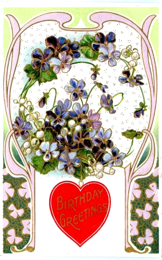Antique Postcard Birthday Greeting Heart Pansies Clover German Embossed c1900s