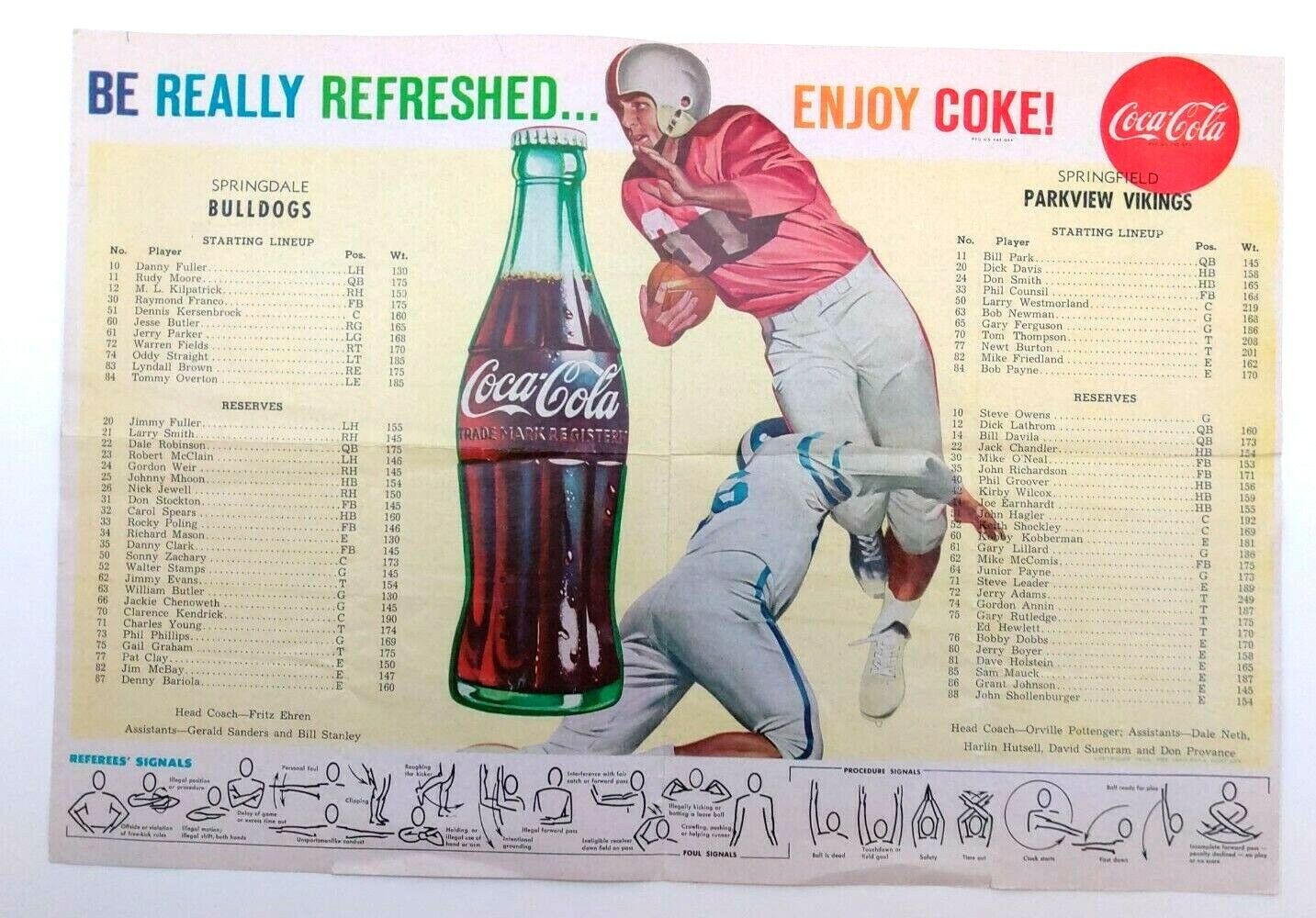 Rare 1959 COCA COLA Ad FOOTBALL ROSTER SPRINGDALE BULLDOGS-VS-PARKVIEW VIKINGS 