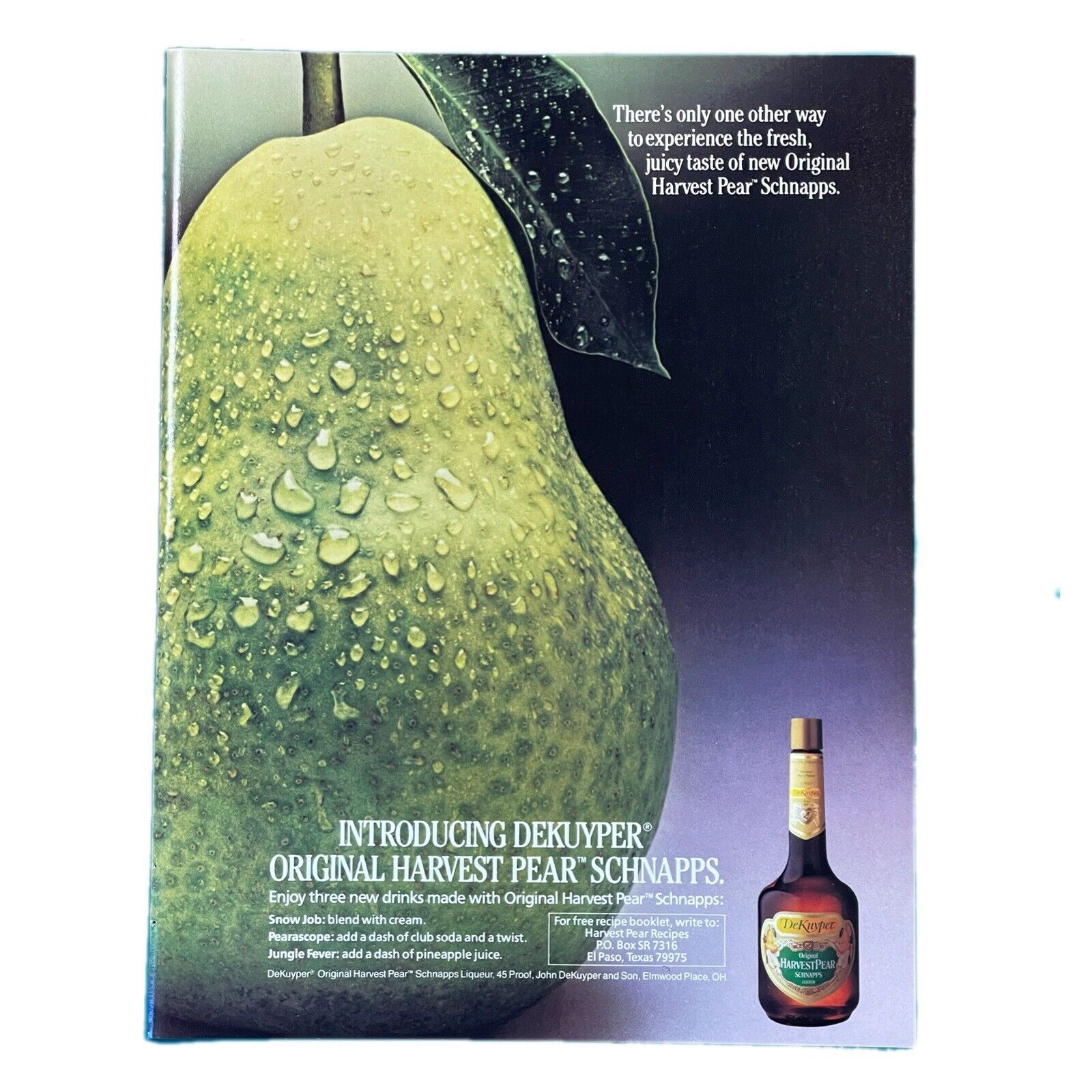 Dekuyper Harvest Pear Schnapps Print Advertisement Vintage 1986 80s 8.25x11”