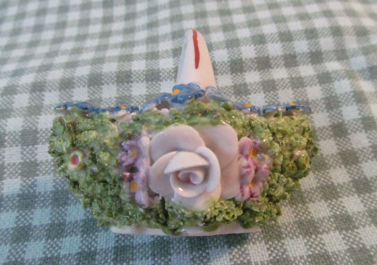 Vintage ELFINWARE Germany Miniature Flower Basket w/Heavy Moss~Forget Me Nots