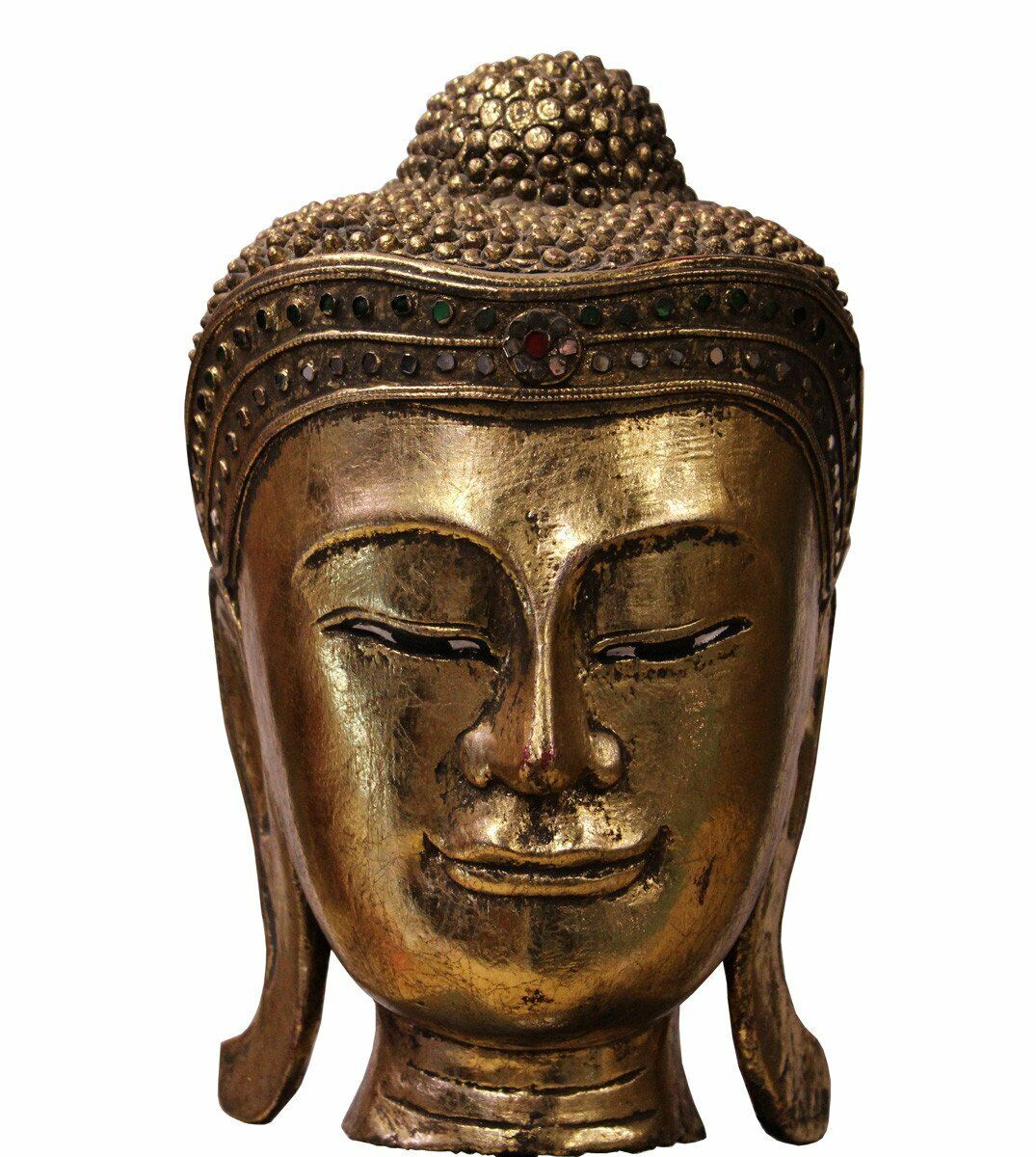 Handcrafted Wood Gold Color Serene Peaceful Meditate Buddha Head On Stand n271