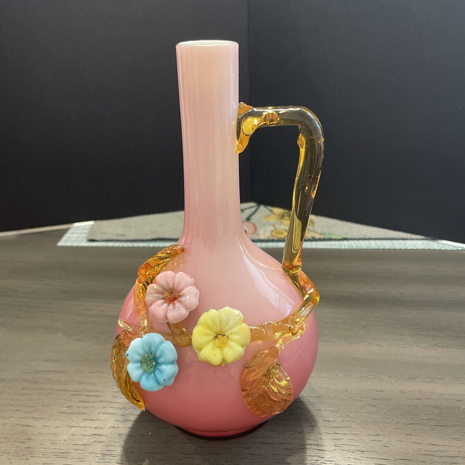 Antique Victorian Era Blown Pink Art Glass Vase w/ Handle Applied Flower & Petal