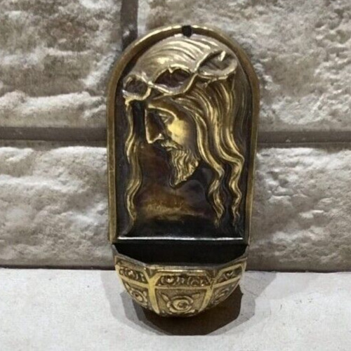 Antique Metal Gold Gilt Jesus Face Holy Water Front Religious Hand Made Holyland