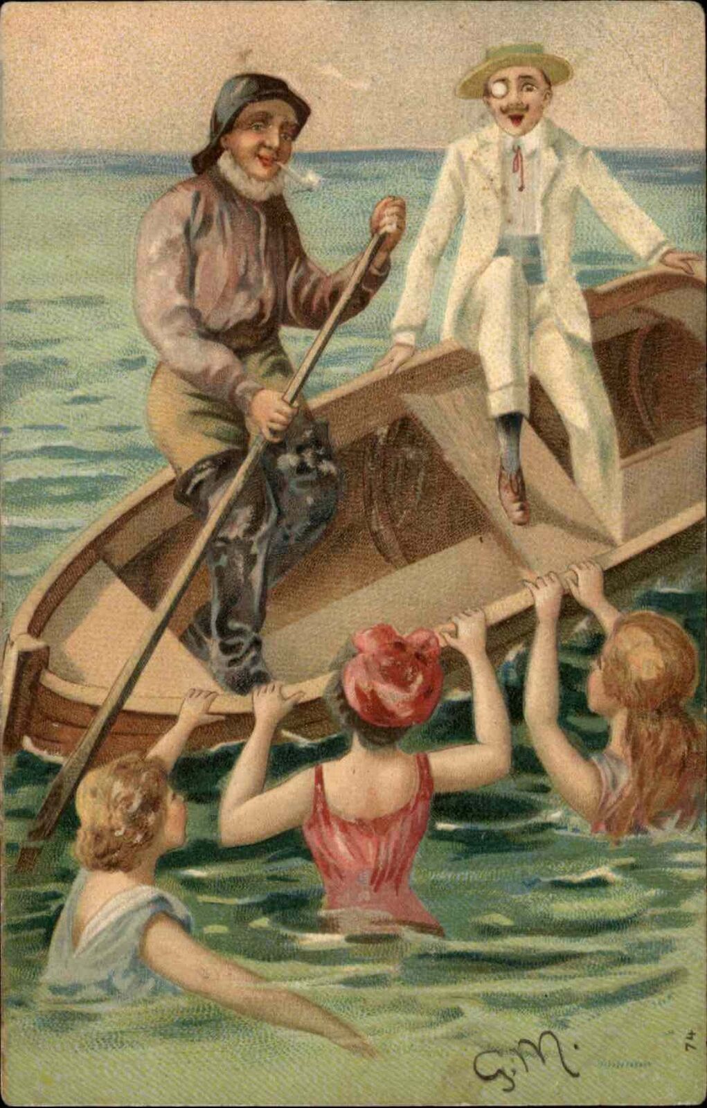 Fisherman and Gentleman Tipped by Bathing Beauty Women c1910 Postcard
